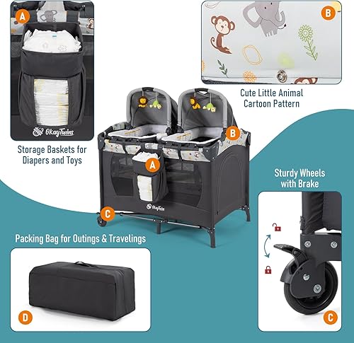 Miniatura 5 de Moisés individual y moisés infantil de tamaño completo y corral para bebé, incluye 2 moisés portátiles extraíbles Rock-A-Bye con bolsas de
