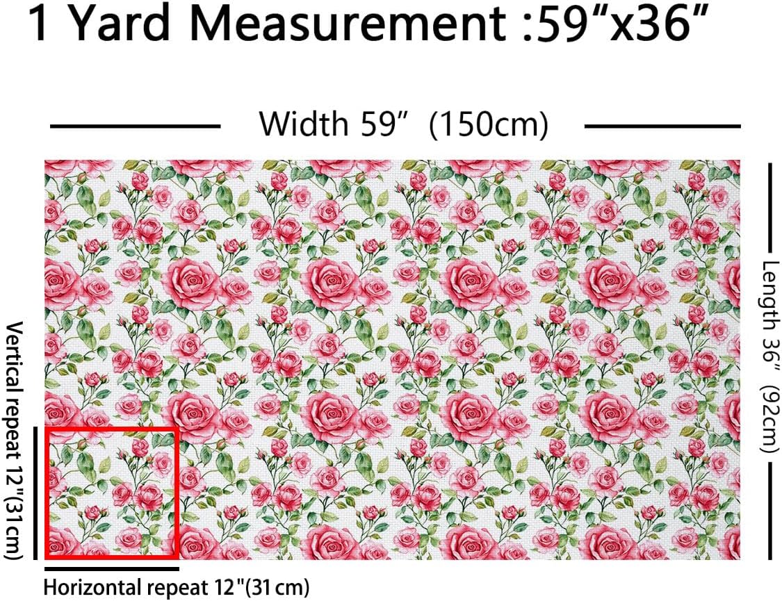 Pink Flowers Outdoor Fabric by The Yard,Garden Floral Rustic Plant Fabric by The Yard for Teens Craft Lover,Hand Painted Green Leaves Upholstery Fabric for Clothing Quilting Sewing,2 Yards
