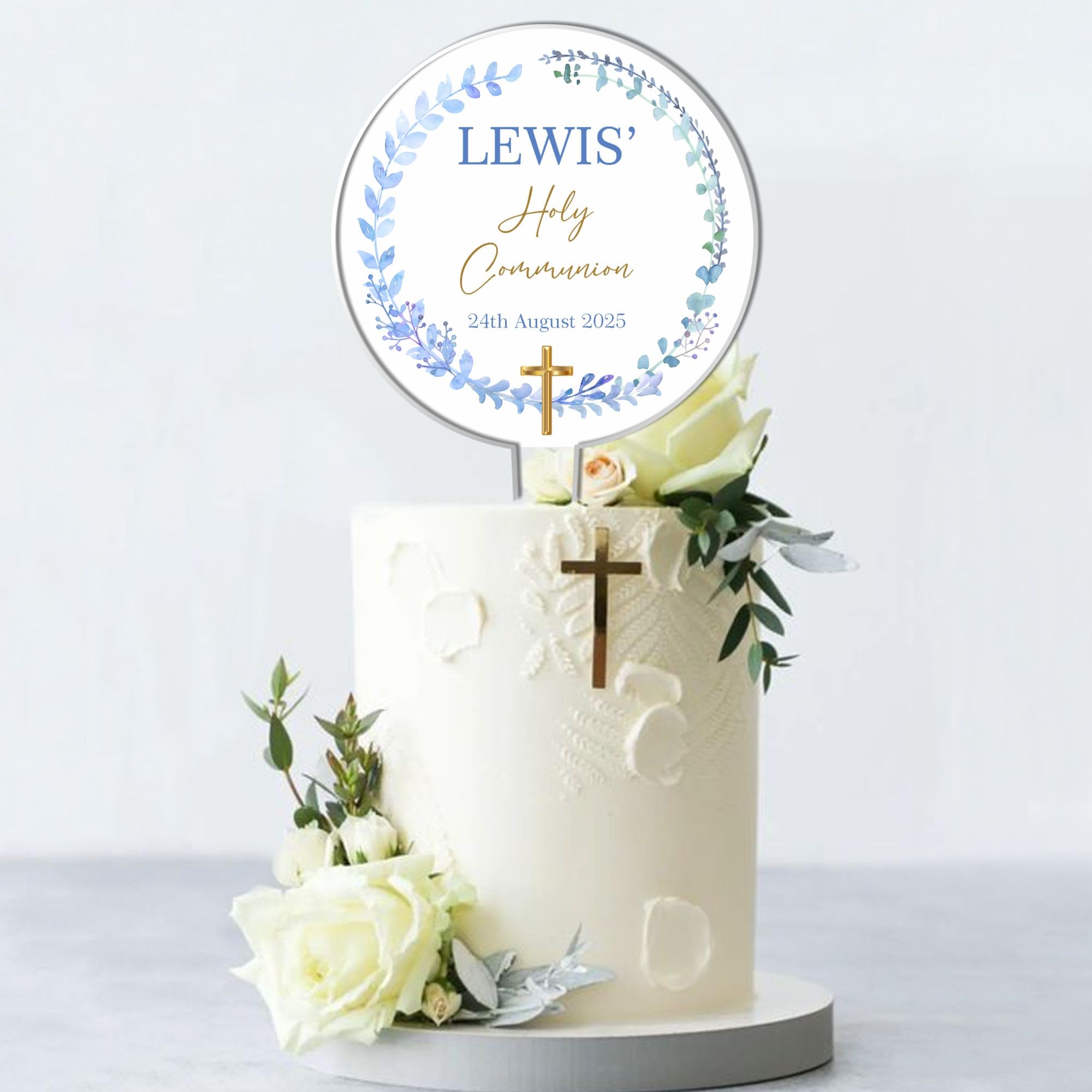 Personalised Acrylic Cake Topper for Christenings Confirmations Holy Communions – Custom Child’s Name & Date with Floral Wreath in 6 Designs (Holy Communion, Blue Wreath)