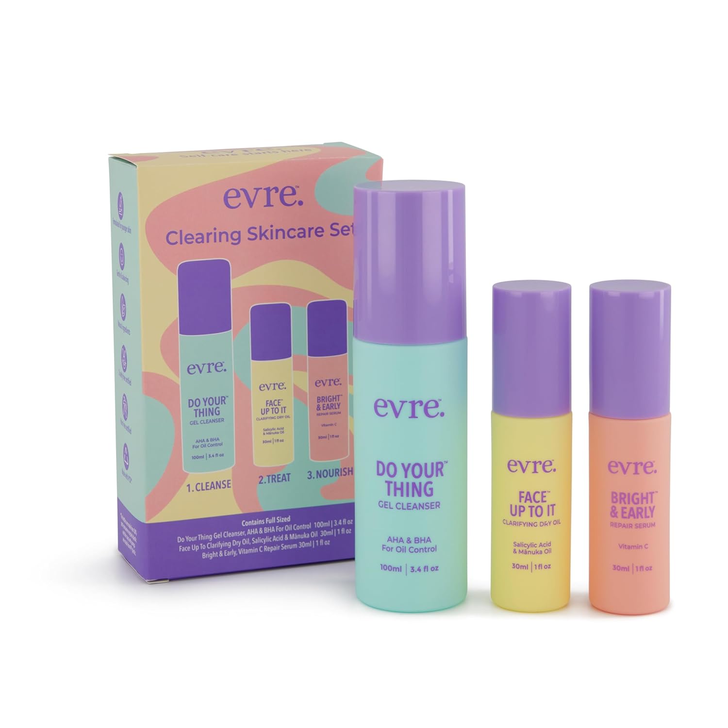 Evre 3 Step Teen Clearing Skin Care Set, Face Wash, Clarifying Dry Oil & Repair Serum, Natural, Cruelty-Free & Palm-Free, Daily Blemish Control Routine Kit