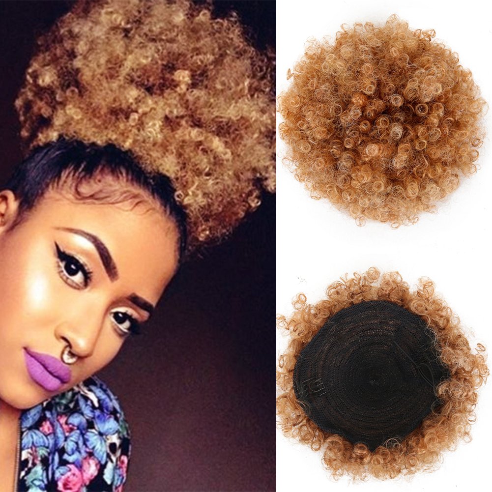 LEOSA High Puff Afro Ponytail Drawstring Short Afro Kinky Curly Pony Tail Clip in on Synthetic Curly Hair Bun Made of Kanekalon Fiber Puff Ponytail Wrap Updo Hair Extensions with Clips (4/630)