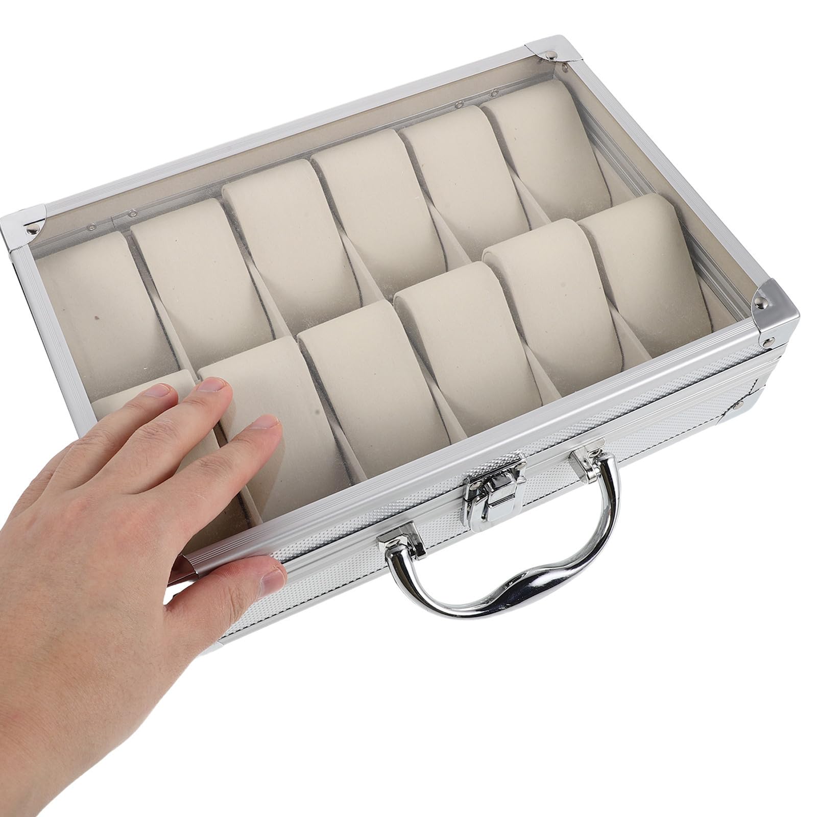 TOYANDONA Aluminiumlegierungs Uhrenbox mit 12 Fächern und Klarsichtdeckel