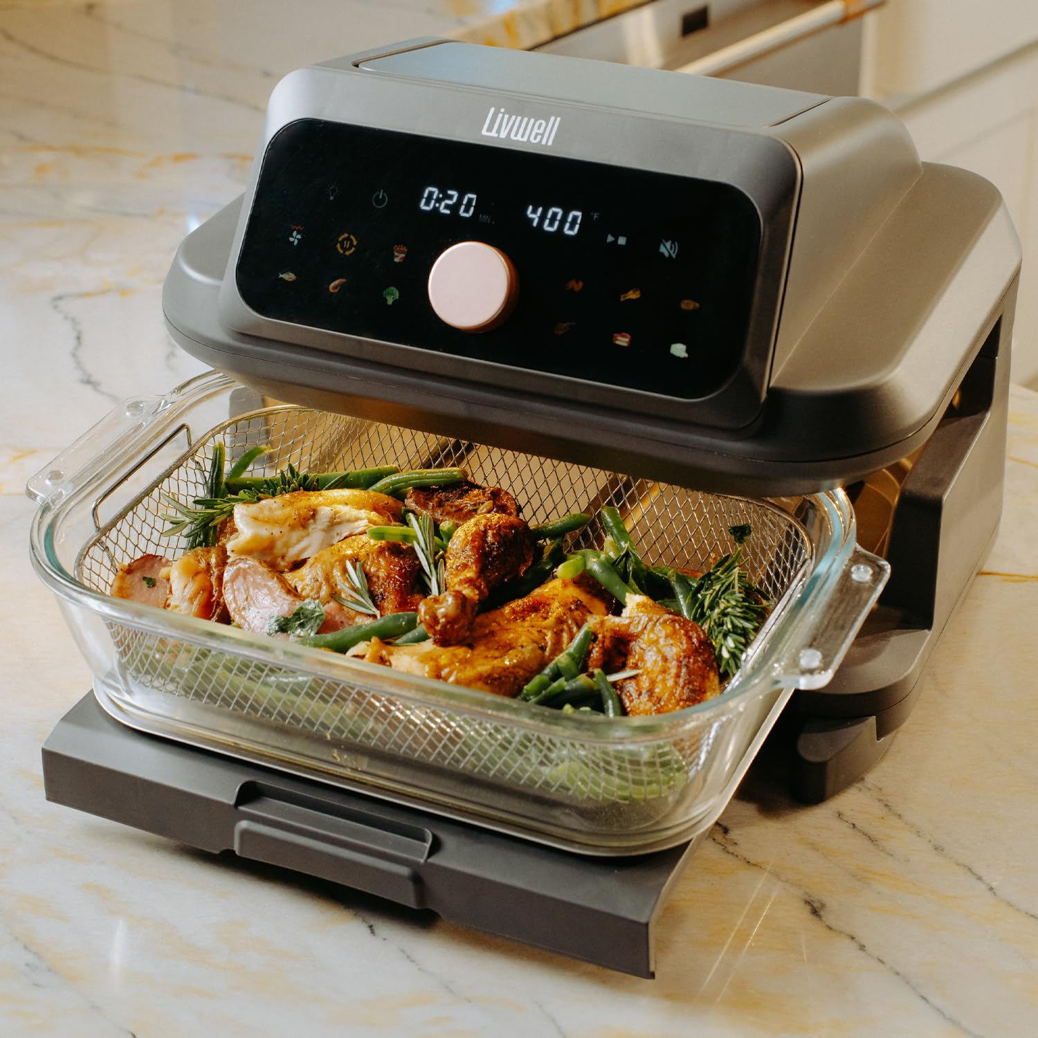 Livwell 6 Quart Glass Container Air Fryer with Pull-Out Drawer & Lid - Kitchen Gift - PFOA & PFAS-Free, 12 Presets, Dishwasher-Safe, Family-Sized One Dish Meal for Baking, Roasting & Crispy Frying