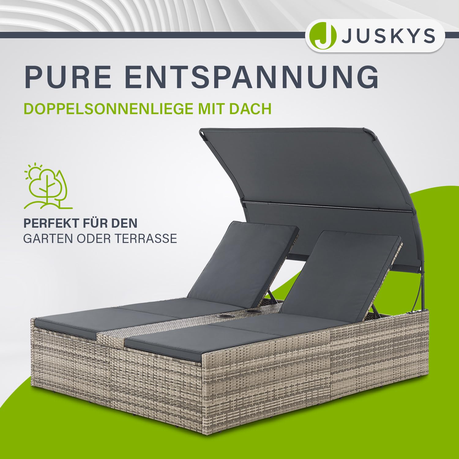 Juskys Polyrattan Doppelliege Syros - Garten Sonnenliege für 2 Personen - Outdoor Liege mit Dach & Auflagen - Kopfteil verstellbar - Grau-meliert