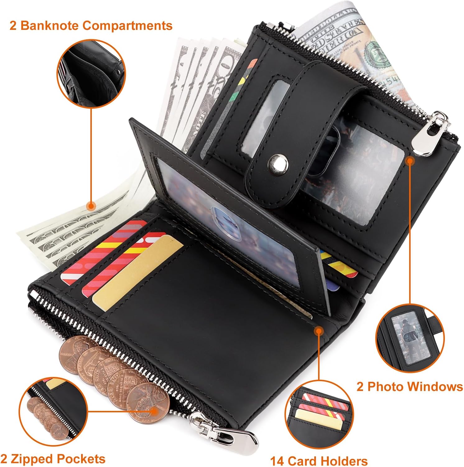 Mens Wallet with Chain, Genuine Leather Wallet RFID Blocking Bifold Purse Zipper Coin Pocket with Anti-Theft Chain - Image 3