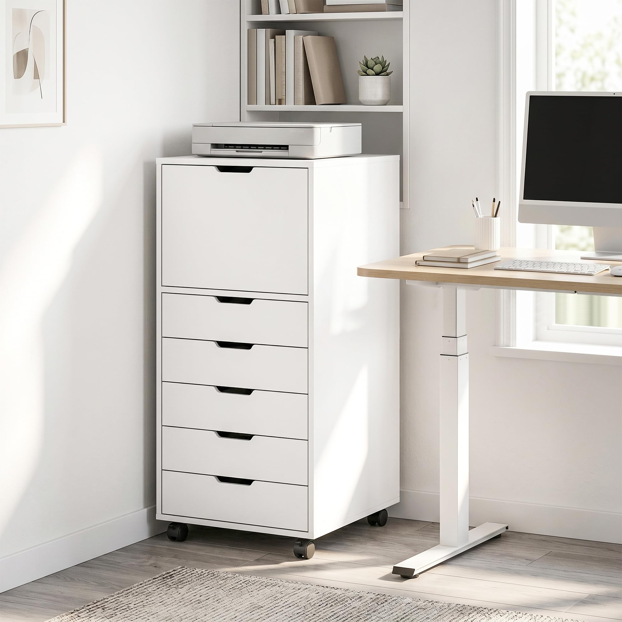 HOMCOM Cajonera Escritorio con 5 Cajones con Ruedas y Armario Blanco | Cajonera de Oficina, Cierre Suave, Soporte para Impresora, Mueble Archivador, para Oficina en Casa
