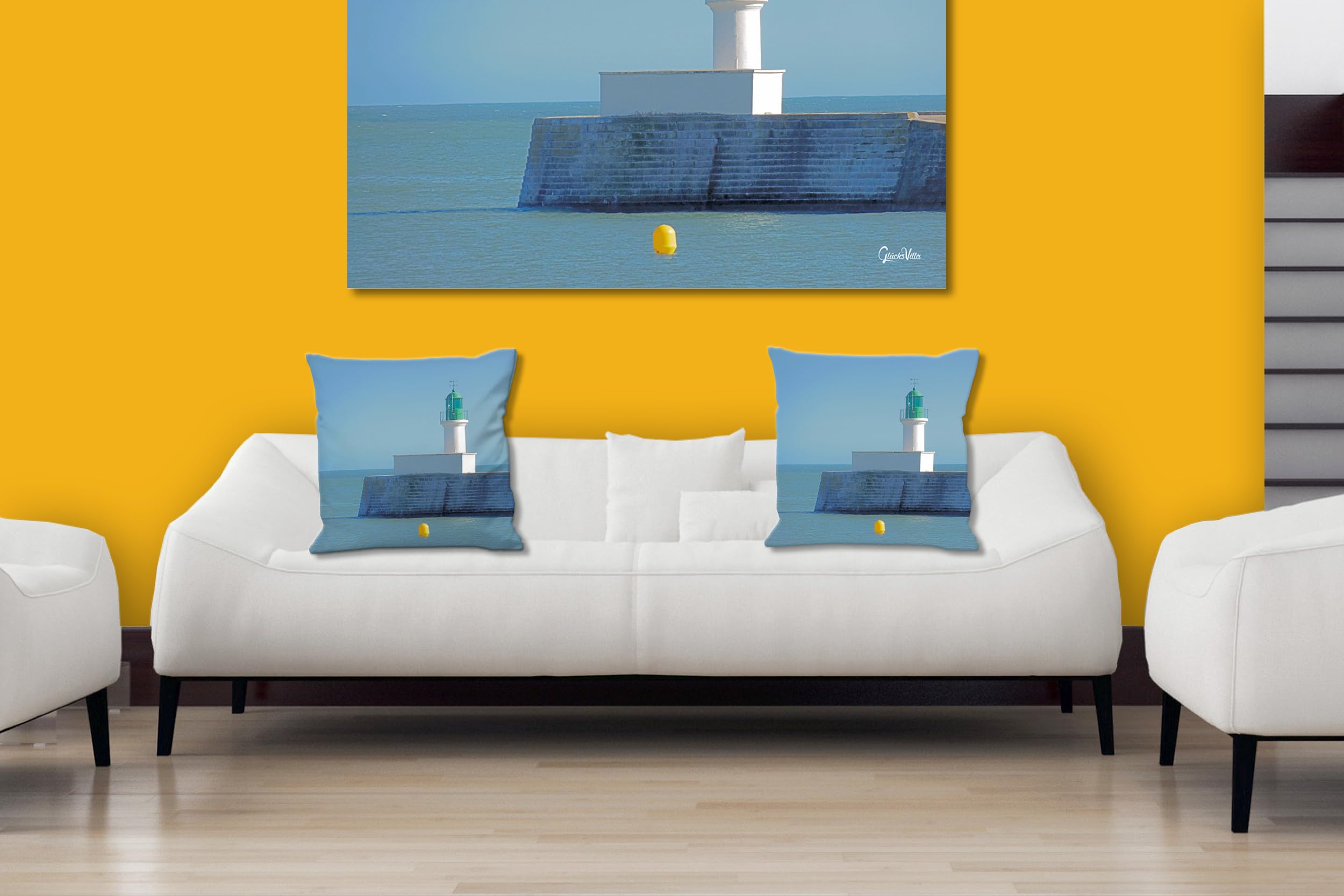 Leuchtturm 2 - Foto-Kissen-Hülle Set (2 STK.) 40 x 40 cm | Kissen-Bezüge - passend zu Wandbild - Deko-Kissen - Frankreich Meer Küste Strand Hafen
