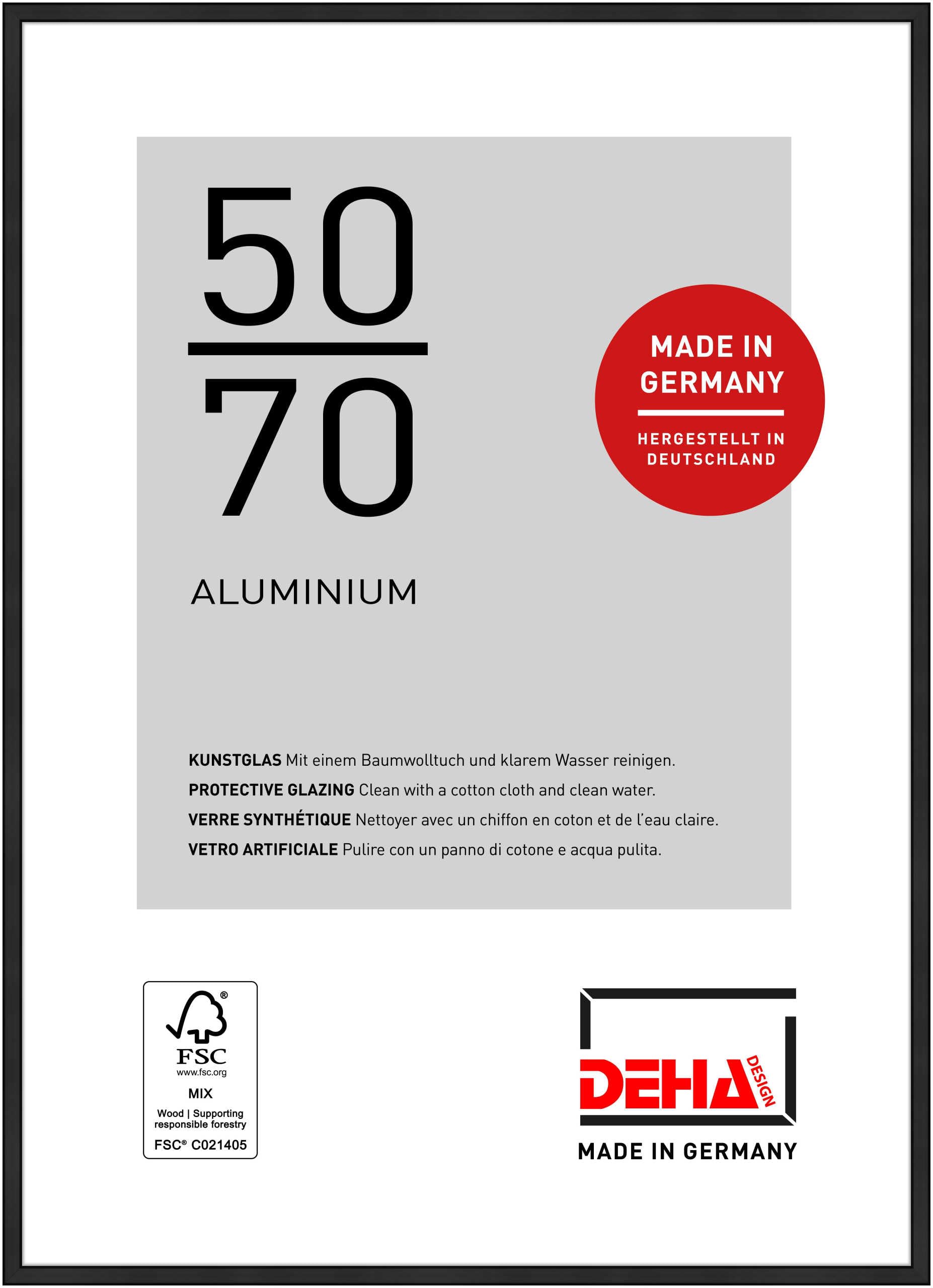 Deha Design Jet Black Matt Boston Aluminium Picture Frame - 50X70 cm – Matt Black - With Synthetic Glass And Push/Turn Clips