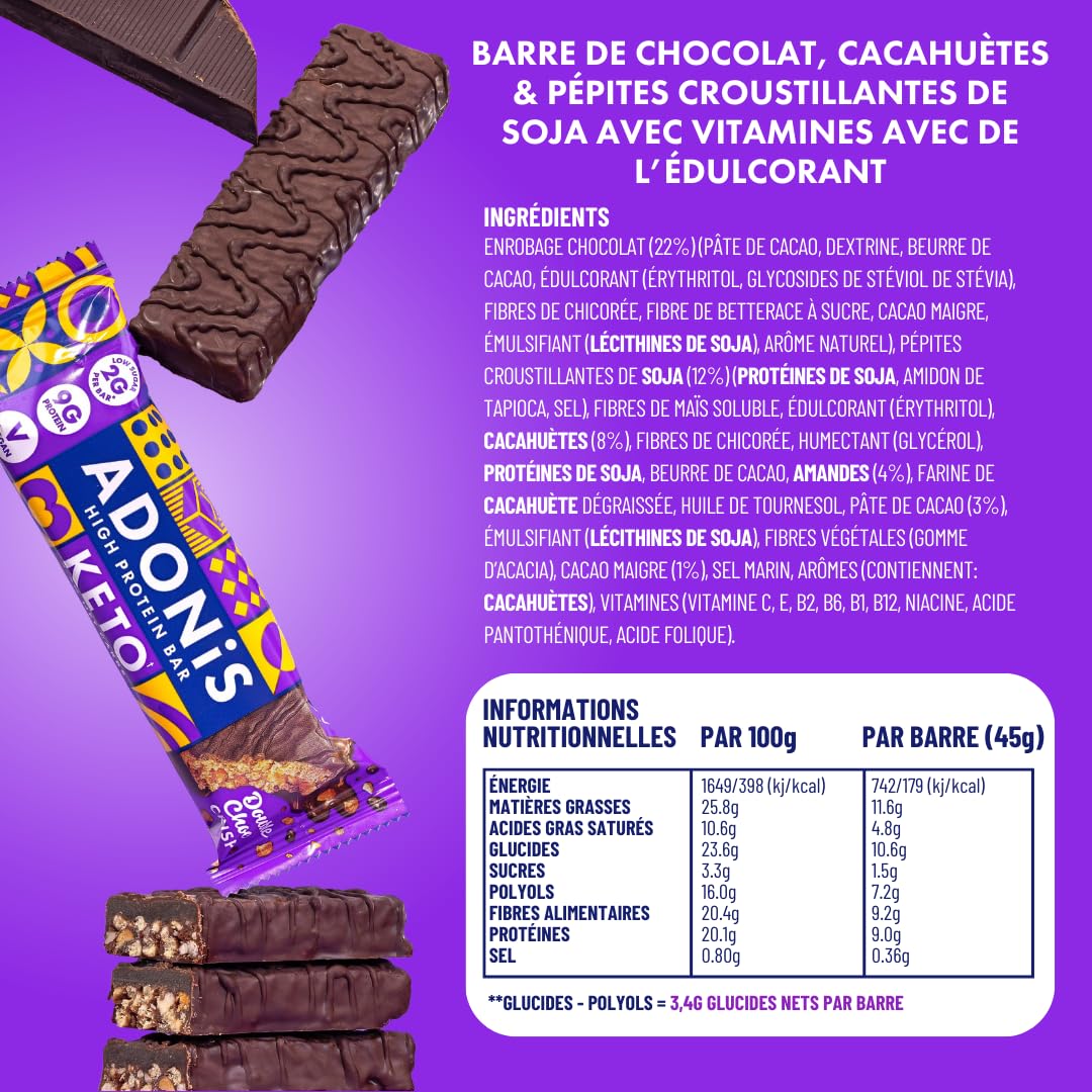 Barres Adonis Keto Riches en Protéines aux Noisettes Croquantes et Chocolat (16 Barres de 45g) | Végétalien et Keto l 100% Naturel (Double Chocolat)