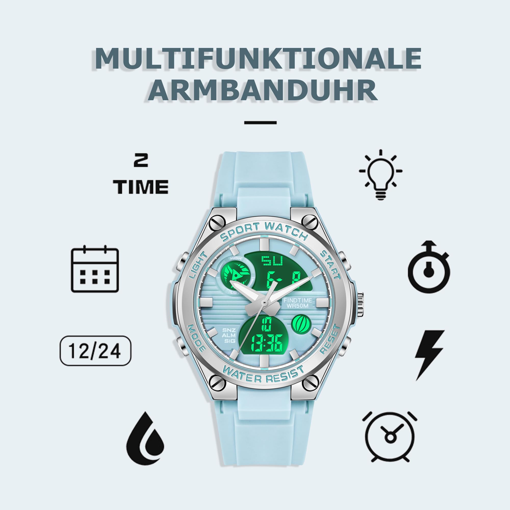 Reloj de pulsera digital para mujer con correa de silicona, resistente al agua, 50 m, reloj digital para niñas, niños, analógico, digital, deportivo, con alarma, fecha, LED, reloj infantil electrónico