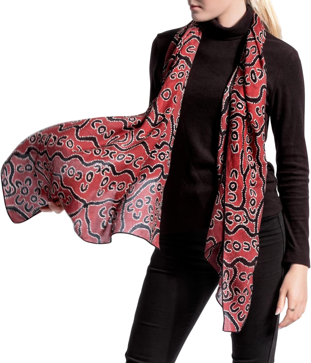 Mainie Red Bark Trees Wool Scarf for Women, Australian Aboriginal Art Print, Merino Wool Scarves for Women Fashion, Rectangle Long Lightweight Head Wool Scarf for Winter Warm