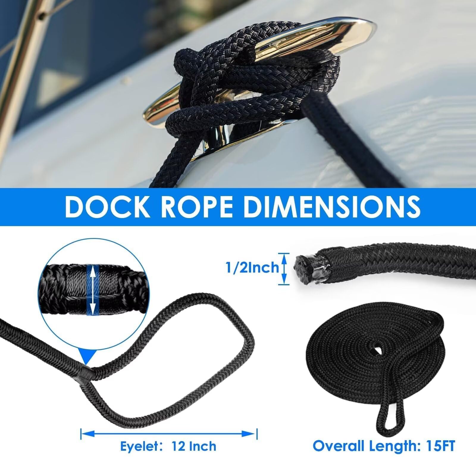 BOOMSTART 4 pezzi corda da ormeggio per barca da 12 mm con occhio in nylon doppio intrecciato, linea Dock Ø 12 mm, L: 4,57 m, occhio 30,48 cm, carico di rottura: 2240 kg, nero