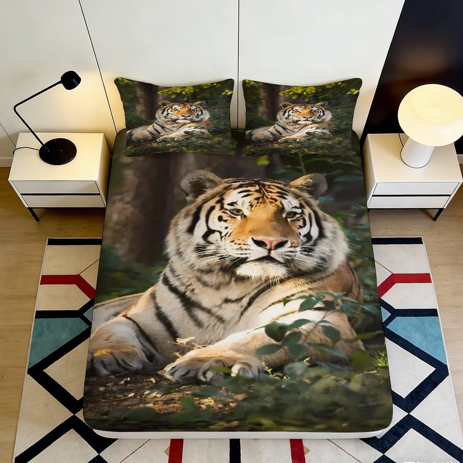 3D Printed Tiger Pattern Fitted Sheet Microfiber Soft Breathable Jungle Bed Cover for Bedroom Dormitory Guest Room Mattress Protection 140x200x25cm