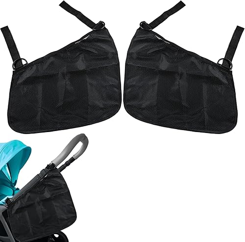Paquete de 2 organizadores universales para cochecito lateral con red de carga de malla, bolsas de almacenamiento ajustables y antideslizantes, red