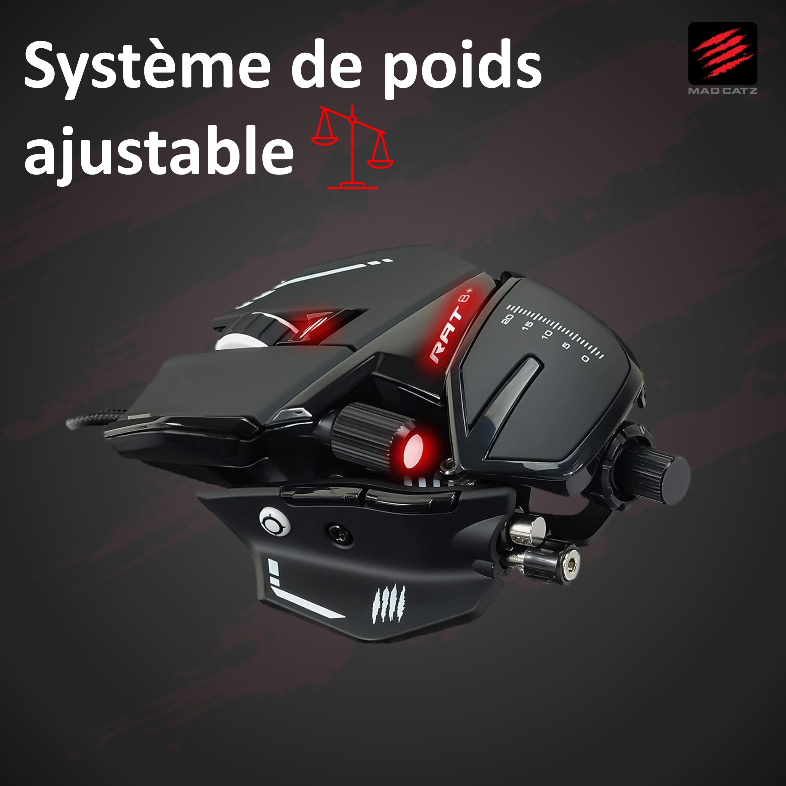 Mad Catz Rat 8+ Souris Gamer Filaire USB - Souris Ergonomique 11 Boutons Programmables - Capteur Optique Pixart3389 16000 DPI - Souris Gaming Pour PC Noir Avec Led Rouge Et Repose Poignet Reglable