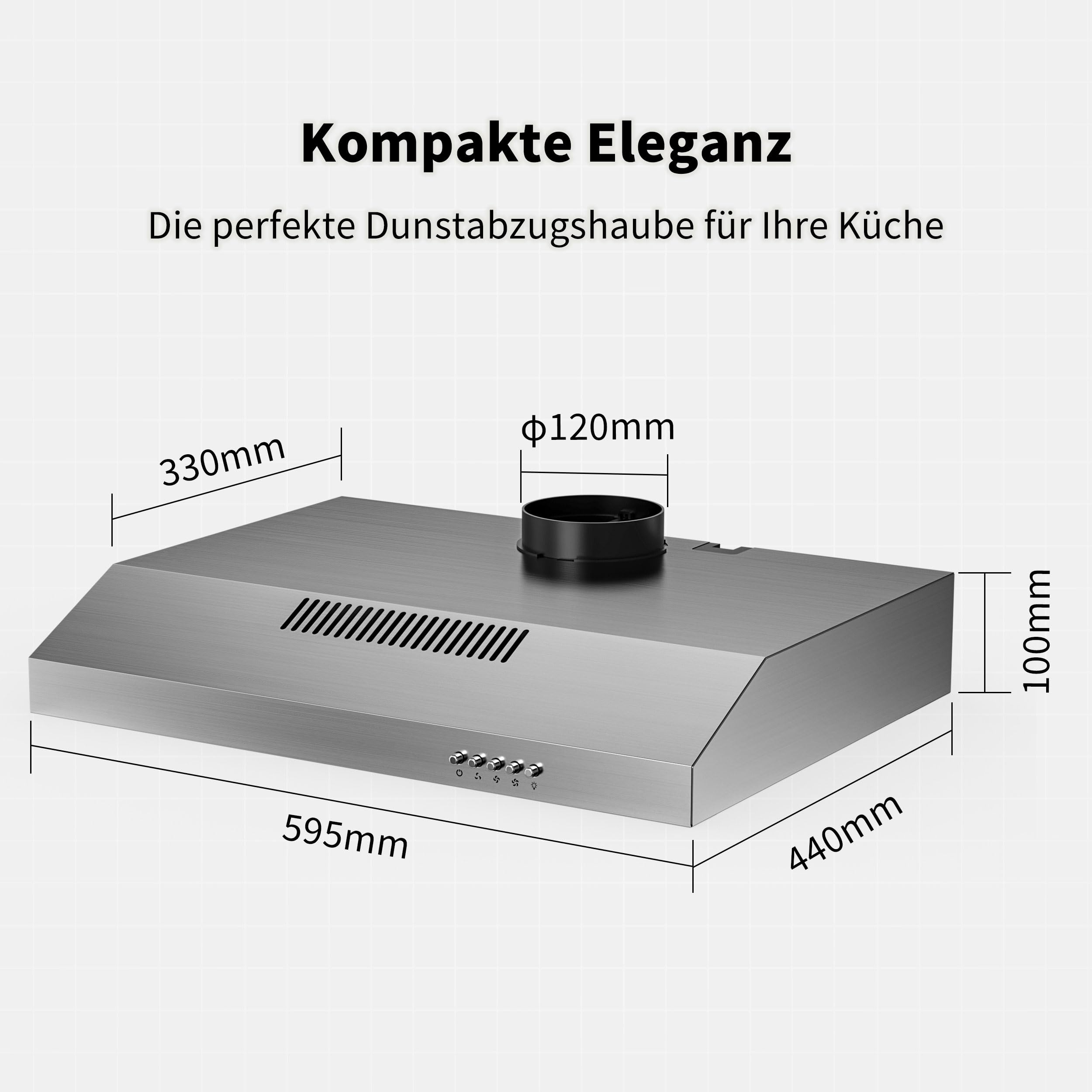 FIREGAS A+ Unterbau-Dunstabzugshaube 60 cm, Umluft & Abluft, 3 Leistungsstufen, LED-Beleuchtung, Edelstahl