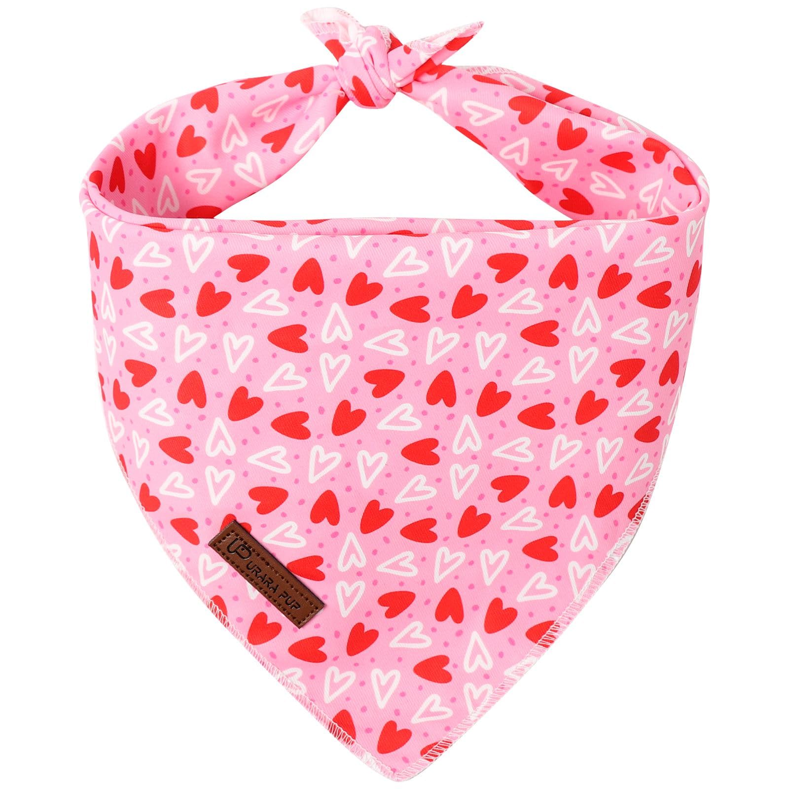 Valentine’s Dog Bandana, UP URARA PUP Valentine Triangle Bid Red Love Heart Scarf for Girl Boy Small Medium Dogs or Cats, Adorable Puppy Wedding & Valentine’s Bandana, Sweat Cotton Pet Kerchief,L