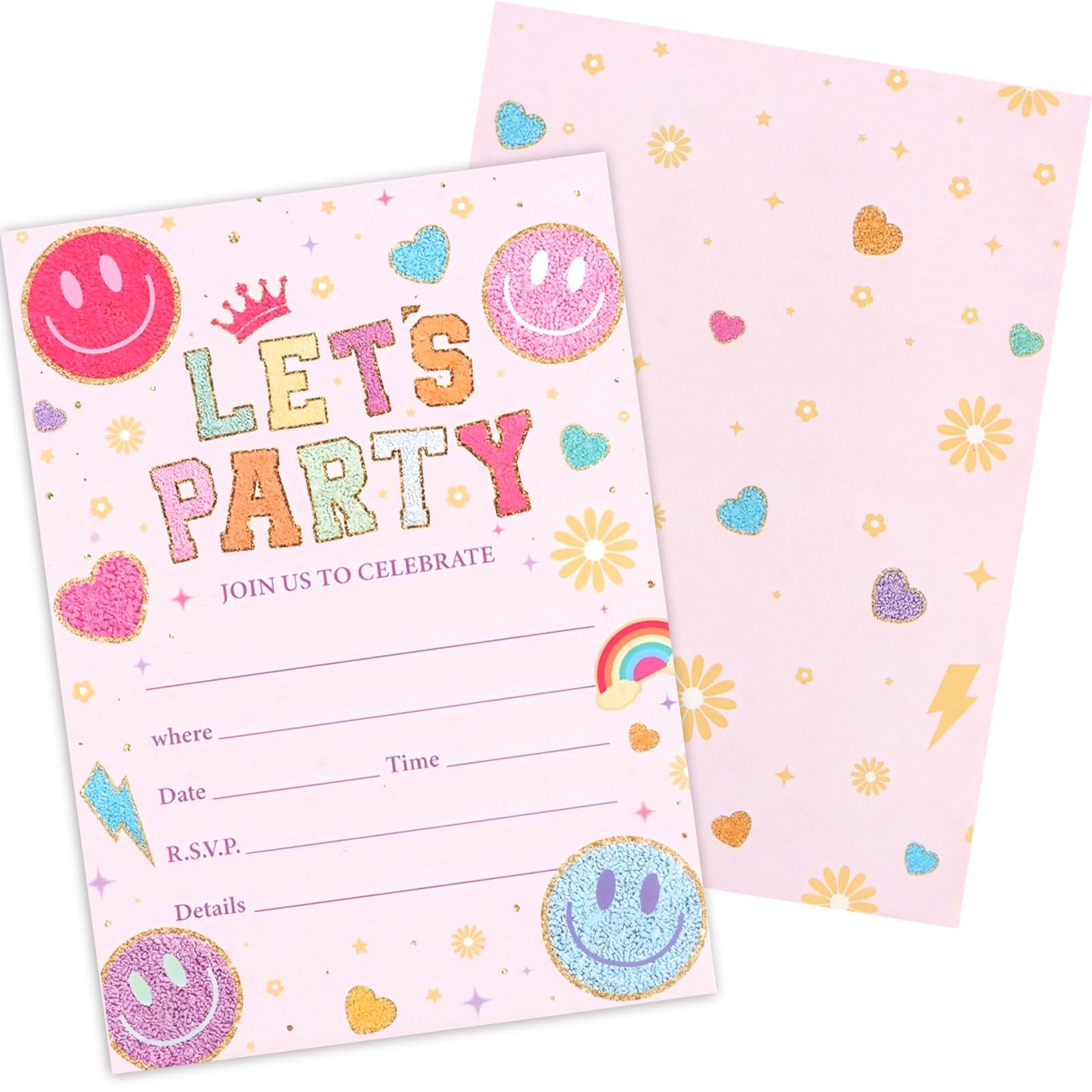 KIUEZIR 20pcs Retro Smiley Face Party Invites - Vibrant Glitter Bunting & Hearts Design, Elegant Pink Let's Party Invitation Cards for Milestone Birthdays, Disco Socials & Celebratory Gatherings
