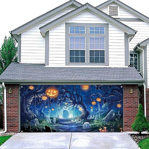 Miniatura 4 de Cartel grande de Halloween para puerta de garaje, bosque aterrador, luna, noche espeluznante, cubierta de puerta de garaje, letrero de fondo de