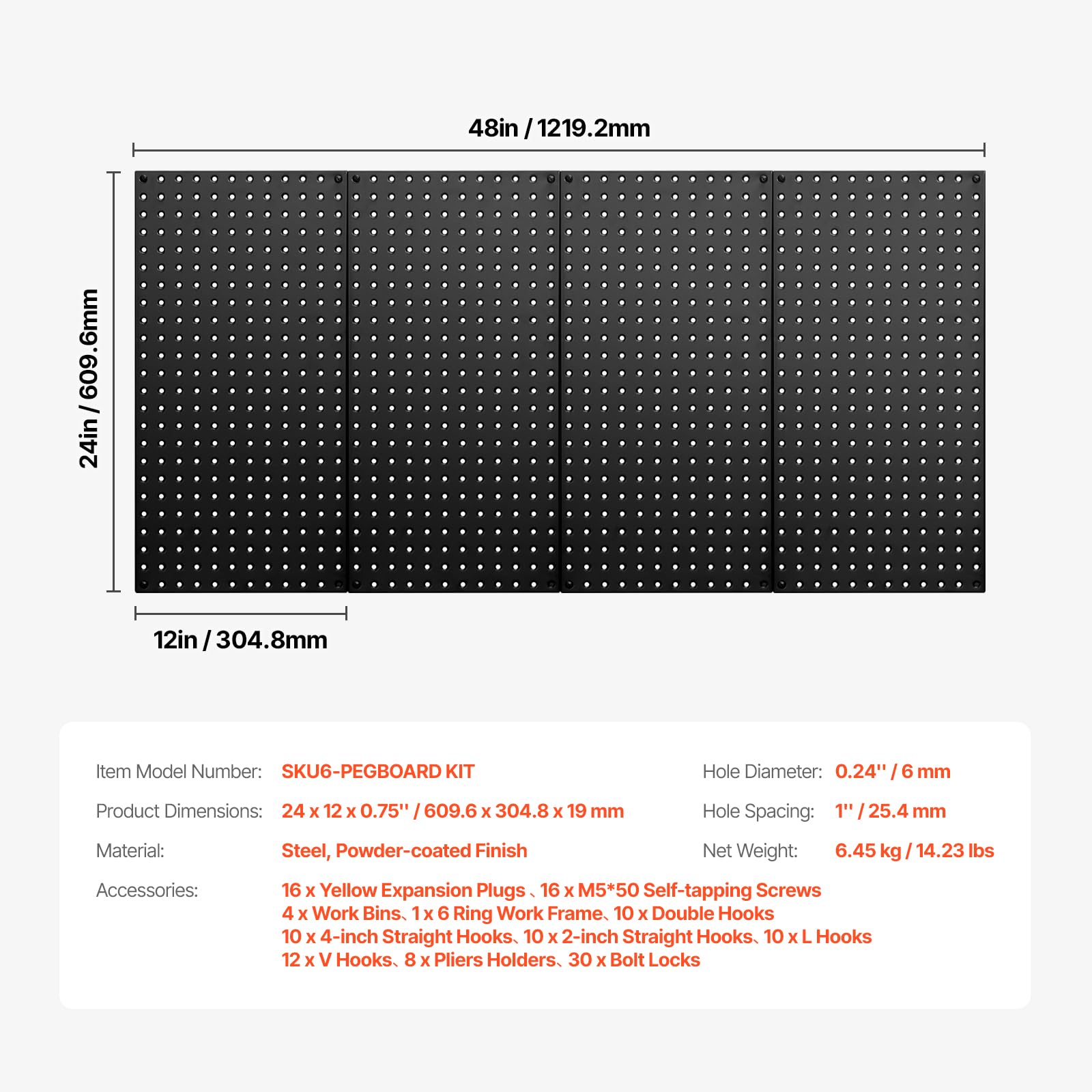 VEVOR Pannelli Forati in Metallo, Pannello Forato 609,6 x 304,8 x 19 mm, 4 Pannelli, Organizer da Parete per Pannelli Forati in Acciaio Resistente, per Soggiorno, Garage, Banco da Lavoro, Ufficio