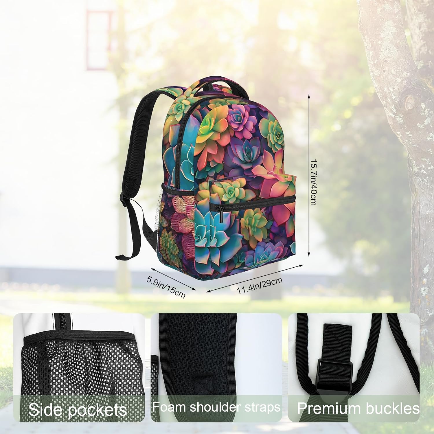 Colorful Succulent Backpack,Polyester Backpacks with Straps,11.4inx5.9inx15.7in,Vibrant Botanical Multi-Pocket Storage Bookbag,Ideal For School Work Travel Hiking Camping,Nature Lovers Gifts
