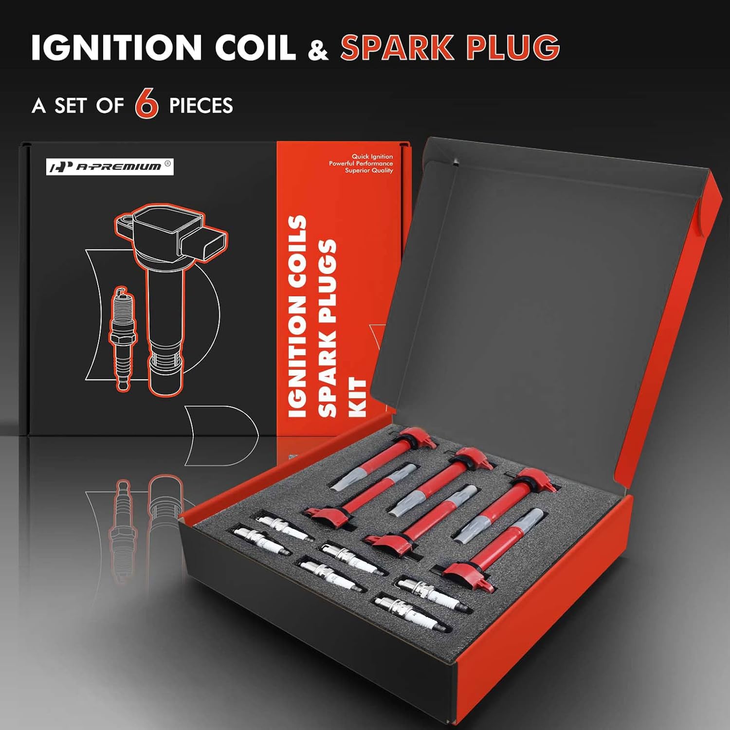 A-Premium Set of 6 (Red) Ignition Coil Pack Iridium Spark Plug Compatible with Chrysler 300 2006-2010, Sebring 2006-2010, Town & Country 2008-2010 & Dodge Avenger 2008-2010
