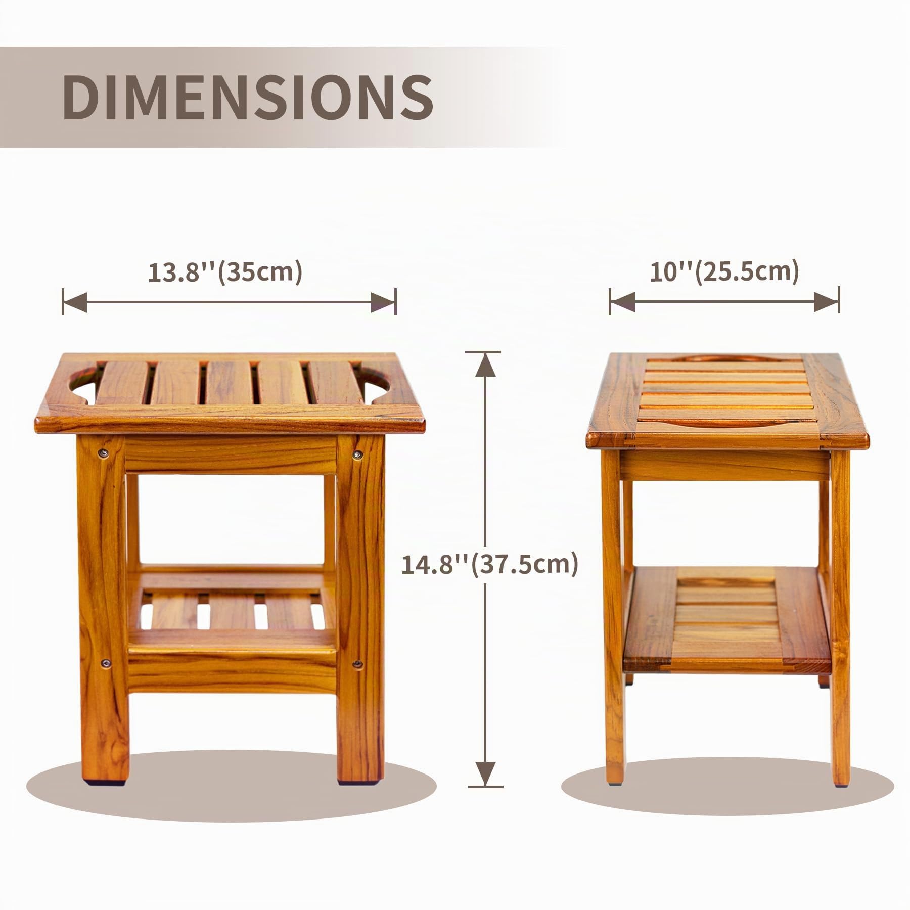 Utoplike Tabouret de Douche en Teck Petit avec Étagère, Poignée | Banc de Douche en Bois pour L'Intérieur, Tabouret de Douche Compact, Pieds Antidérapants, Siège de Douche à 2 Niveaux