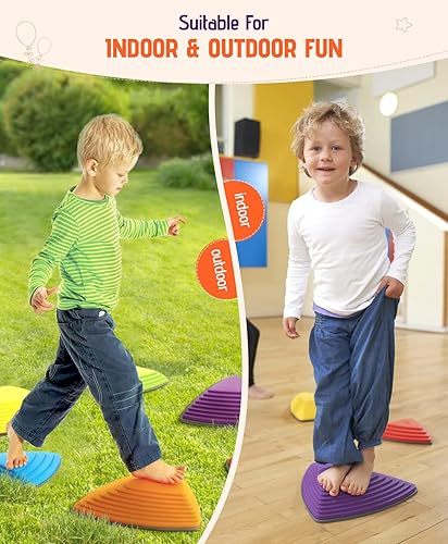 Miniatura 6 de Giggle & Play Stepping Stones para niños, juego de 12, piedras de equilibrio Montessori para interiores y exteriores, promueve la coordinación, goma
