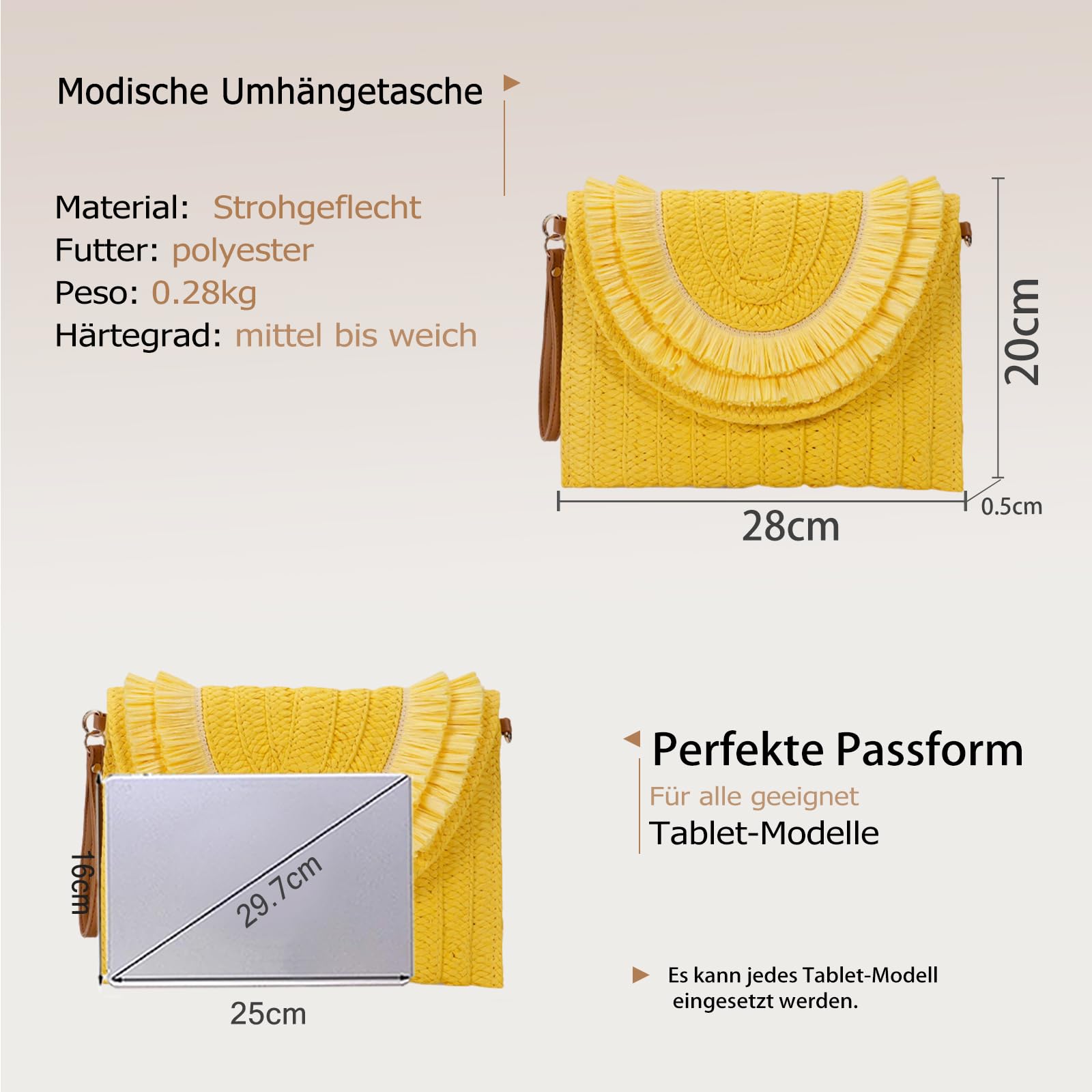 CORIOS Damen Handgefertigte Strohtasche Gewebte Tasche Sommer Strandtaschen Handgewebt Basttasche Böhmische Tote Beutel Umhängetasche mit Quaste Retro Schultertasche Frauen Handtasche Gelb