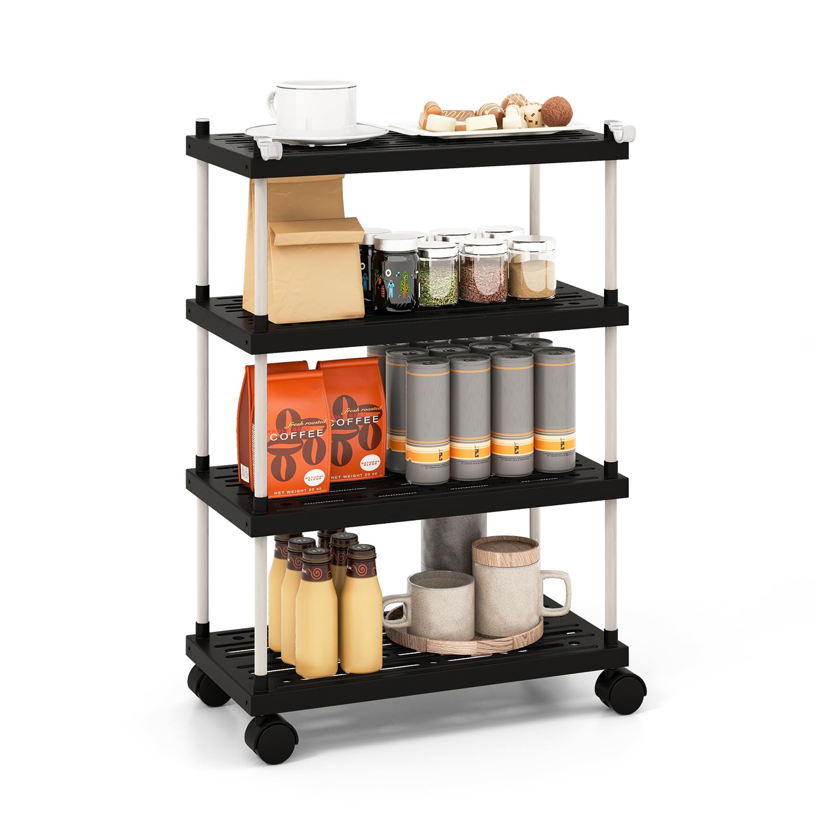 GYMAX Carrello Da Cucina 4 Ripiani – Acciaio E Legno, 47x40x85 Cm, Bianco, Con Cestello Estraibile, Cassetto, Vassoio, 4 Ruote Girevoli