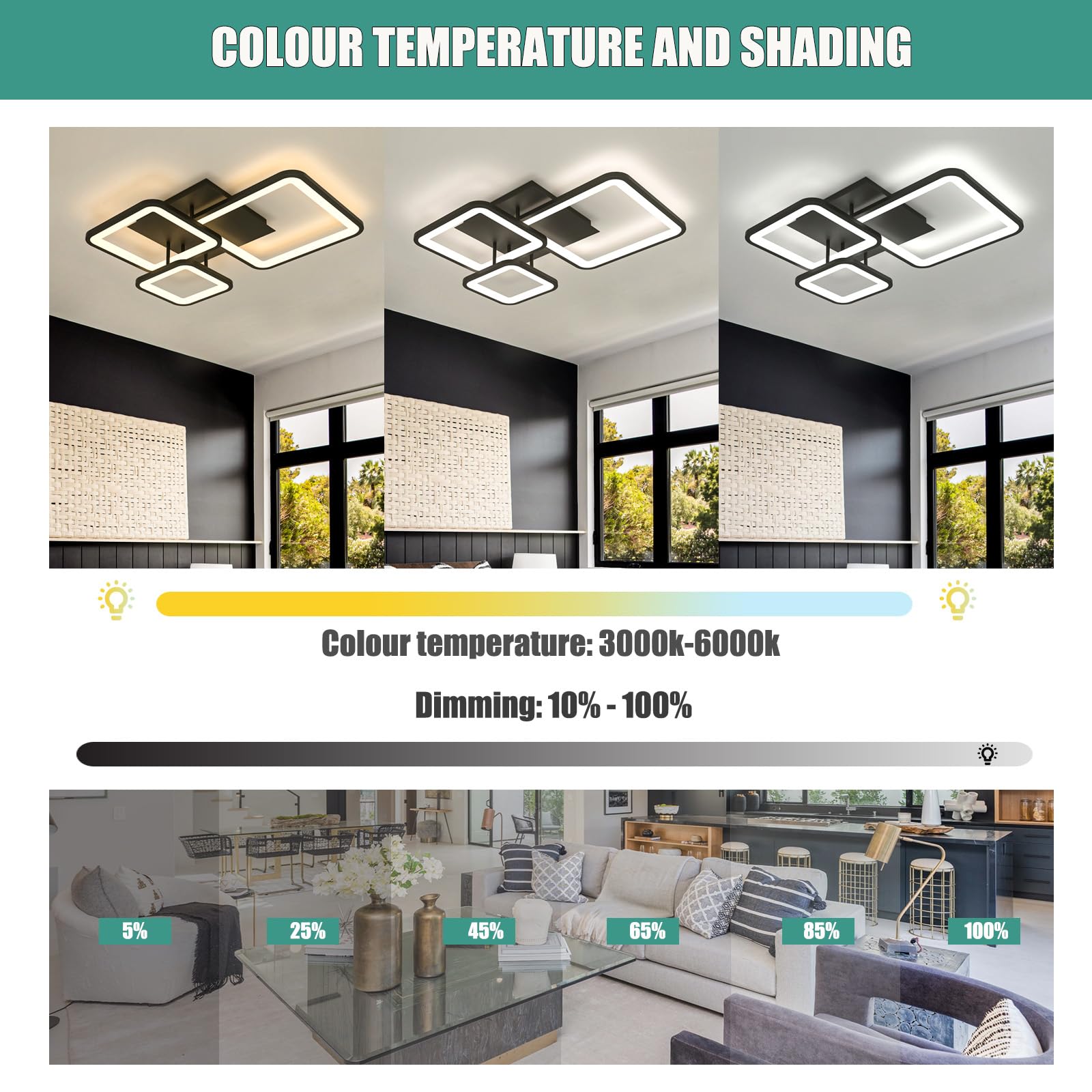 Lámpara de Techo LED empotrada de 48 W, Color Negro, Regulable, 3000-6000 K, Cuadrada, Moderna, de 20 Pulgadas, para Sala de Estar, Dormitorio, 52 cm