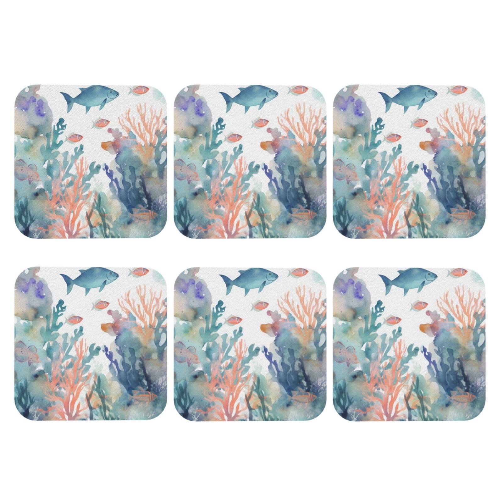 6pcs Leather Coasters for Drinks, Watercolor Fish and Coral Drink Coasters for Tabletop Protection, 4" Cup Coasters for Coffee Table Decor, Non-Slip Drinking Cup Mat for Hot Or Cold Drink