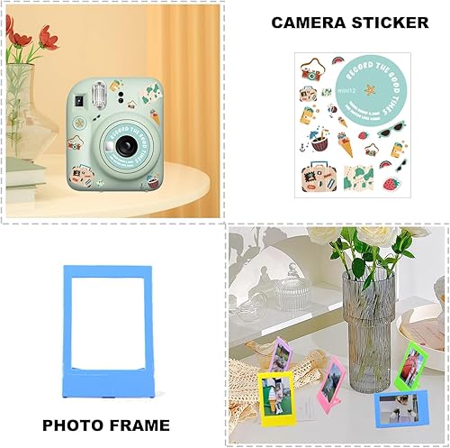 Miniatura 3 de Funda para cámara instantánea Fuji Instax Mini 12 con correa de hombro ajustable, marco de fotos, calcomanía de dibujos animados (verde menta)