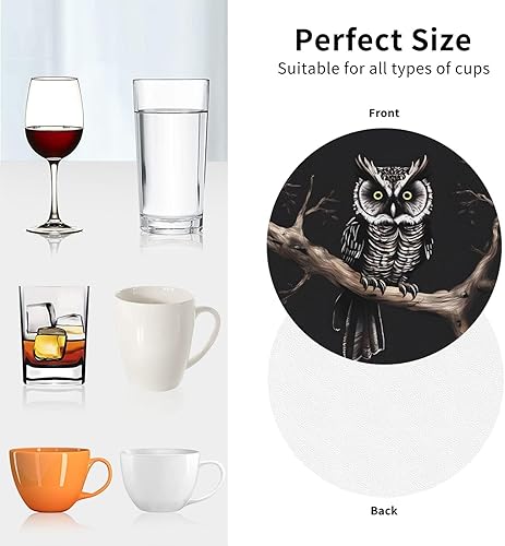Miniatura 5 de Leather Drink Coasters Set of 4 Late Night Owl Print Coaster with Holder Waterproof Heat-Resistant Round Cup Mat Pad for Hot Cold Drink Non-Slip