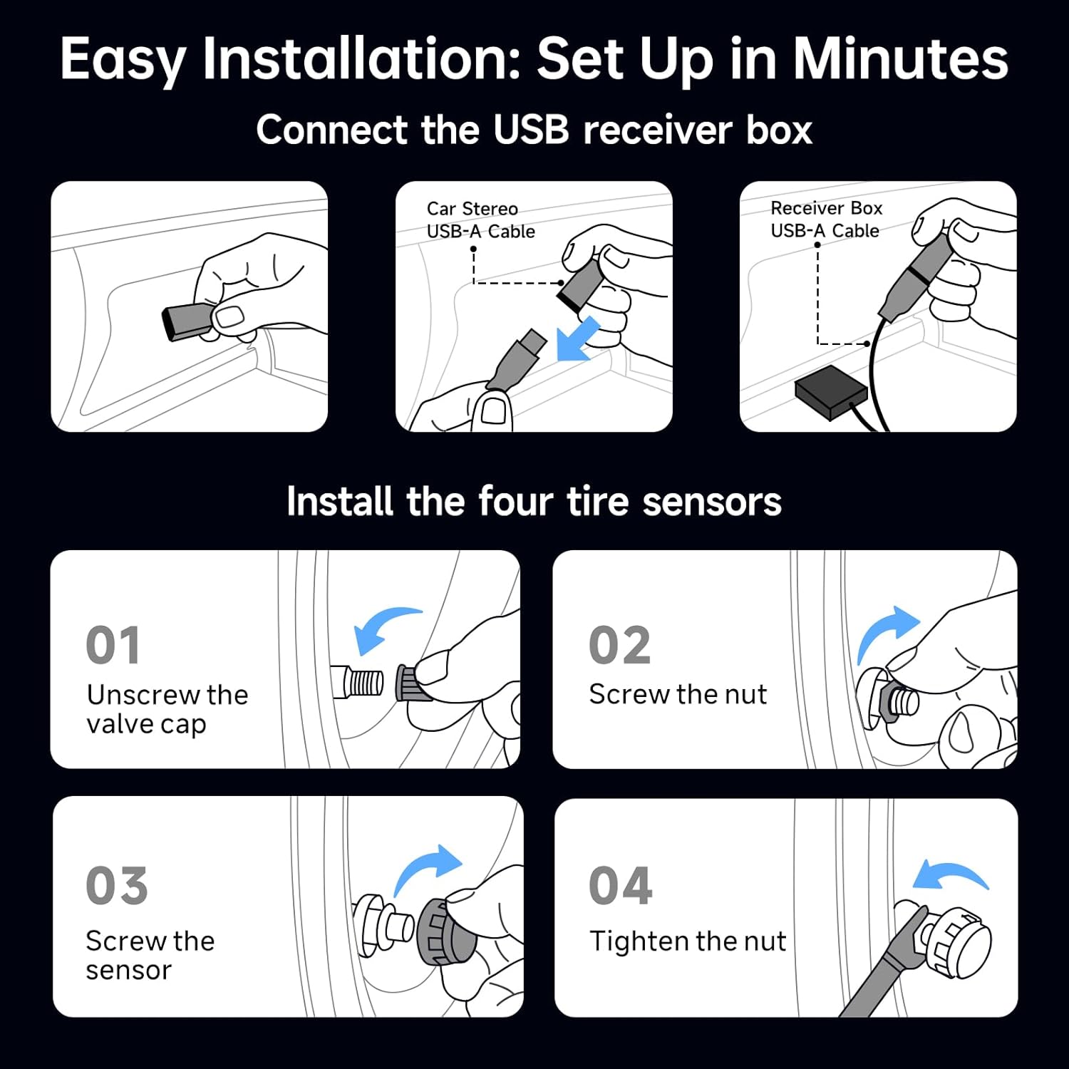 AC-UTP1 USB TPMS External Sensor, Tire Pressure Monitoring Sensors System, Waterproof, Only for A5, A6, S8, P9,X10 Android Series, Not Compatible with F7, P5, P8 Series