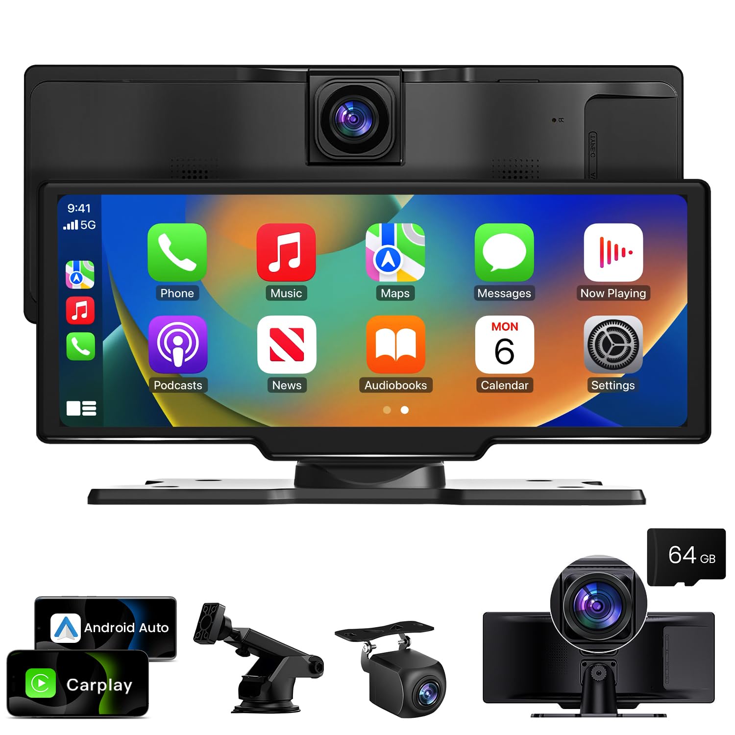 Pantalla táctil inalámbrica CarPlay de 10.26 pulgadas para coche: 4K Dash Cam Pantalla de juego de coche con Carplay y Android Aut