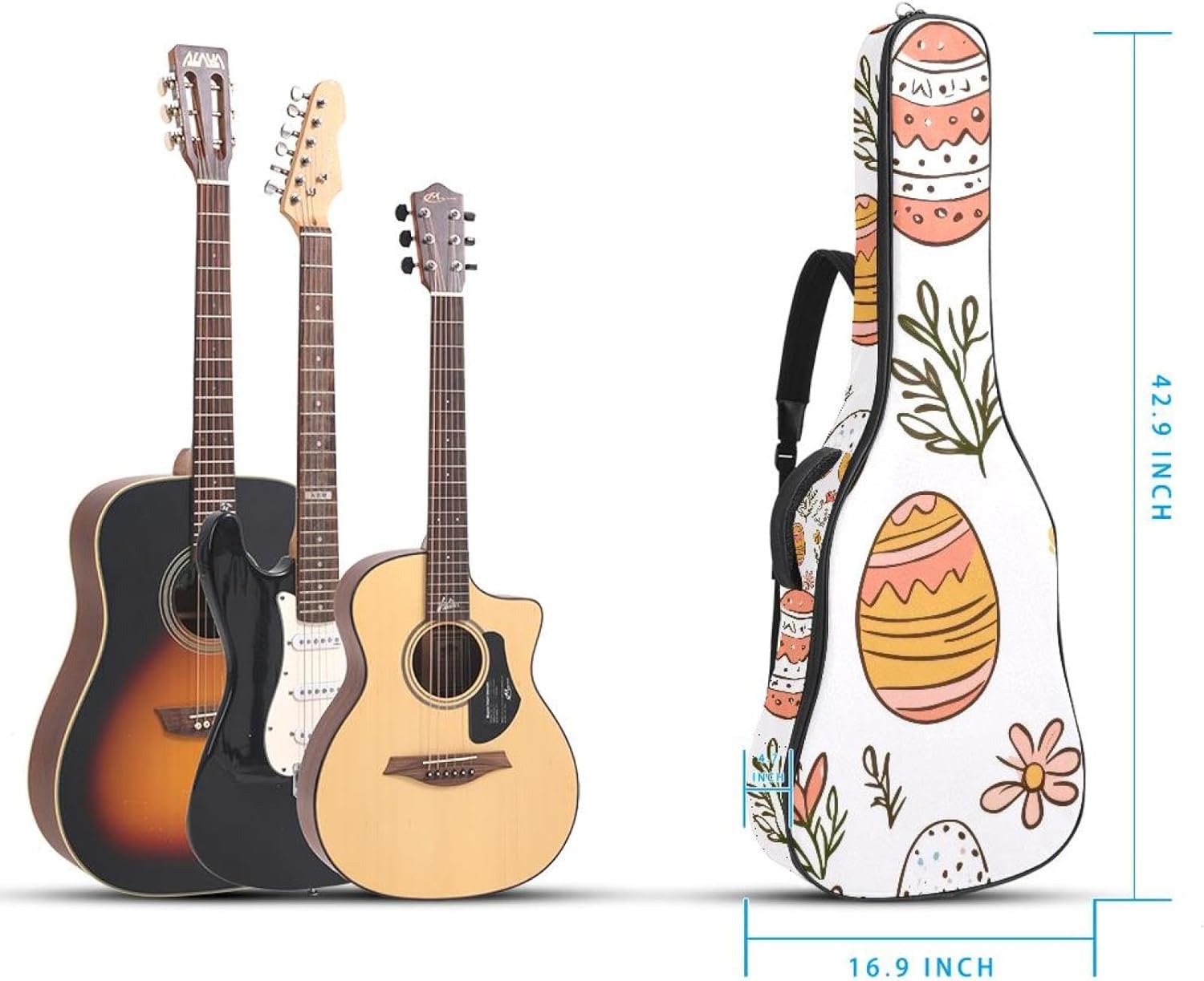 Easter Eggs with Flowers Plants Doodle Style Acoustic Guitar Gig Bag, 1 cm Thick Padding Waterproof Guitar Bag Backpack for 40 41 42 Inch Electric Bass Classical Guitars