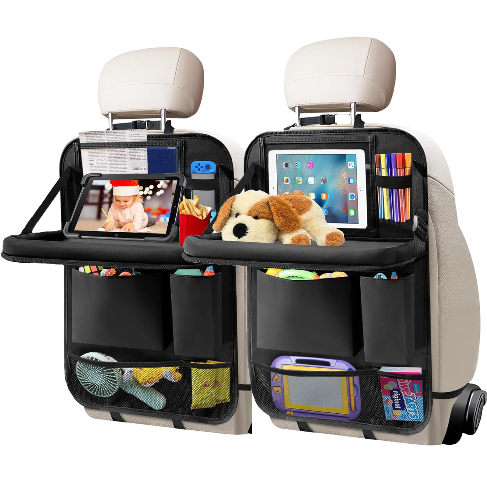 Confezione da 2 organizer per sedile posteriore dell'auto con vassoio pieghevole per alimenti, multi-tasca, multifunzionale, da appendere, con supporto per tablet, tappetini per bambini per