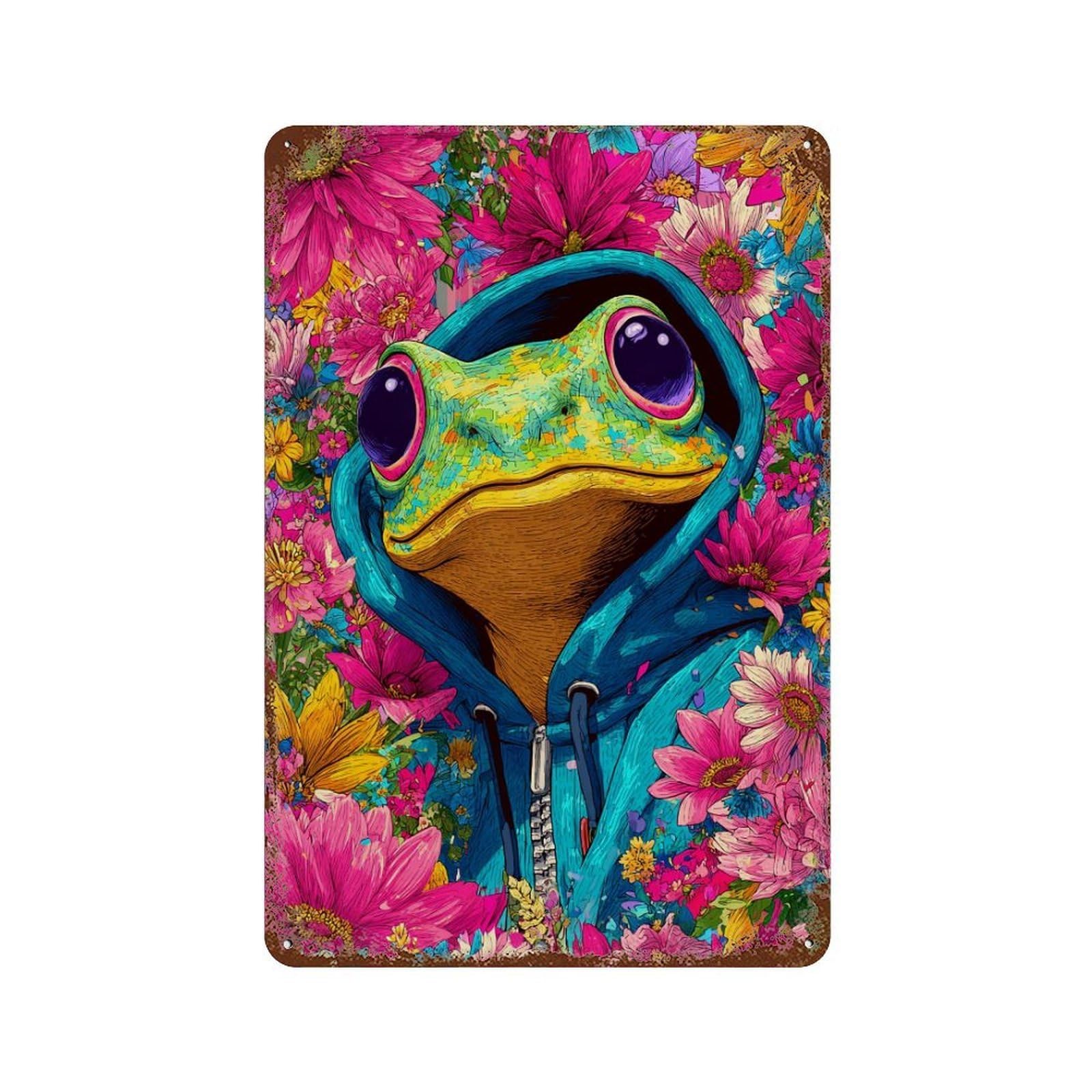 Frog in Hoodie with Flowers-1 Rusty Metal Tin Sign 11.8"x7.9", for Shed, Workshop And Garage Wall Decor, Shabby Chic Decor