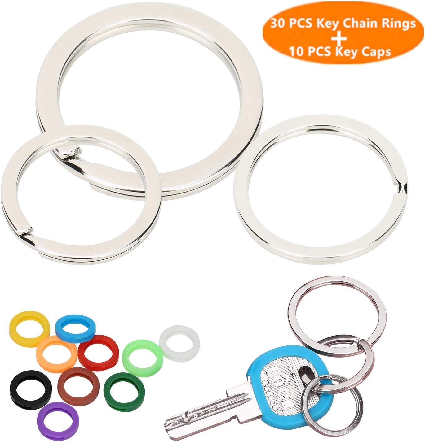 30 Pieces Flat Key Chain Rings Metal Split Keychain Ring for Home Car Keys Organization Attachment, 10 Pieces Plastic Key Caps Covers Tags