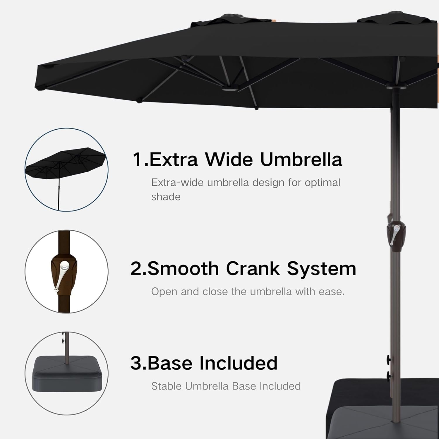 Kingdura 13ft Large Patio Umbrella with Base Included, Double-Sided Rectangle Outdoor Table Umbrella with 12 Reinforced Ribs, Crank Lift for Market Pool Deck Backyard, Black