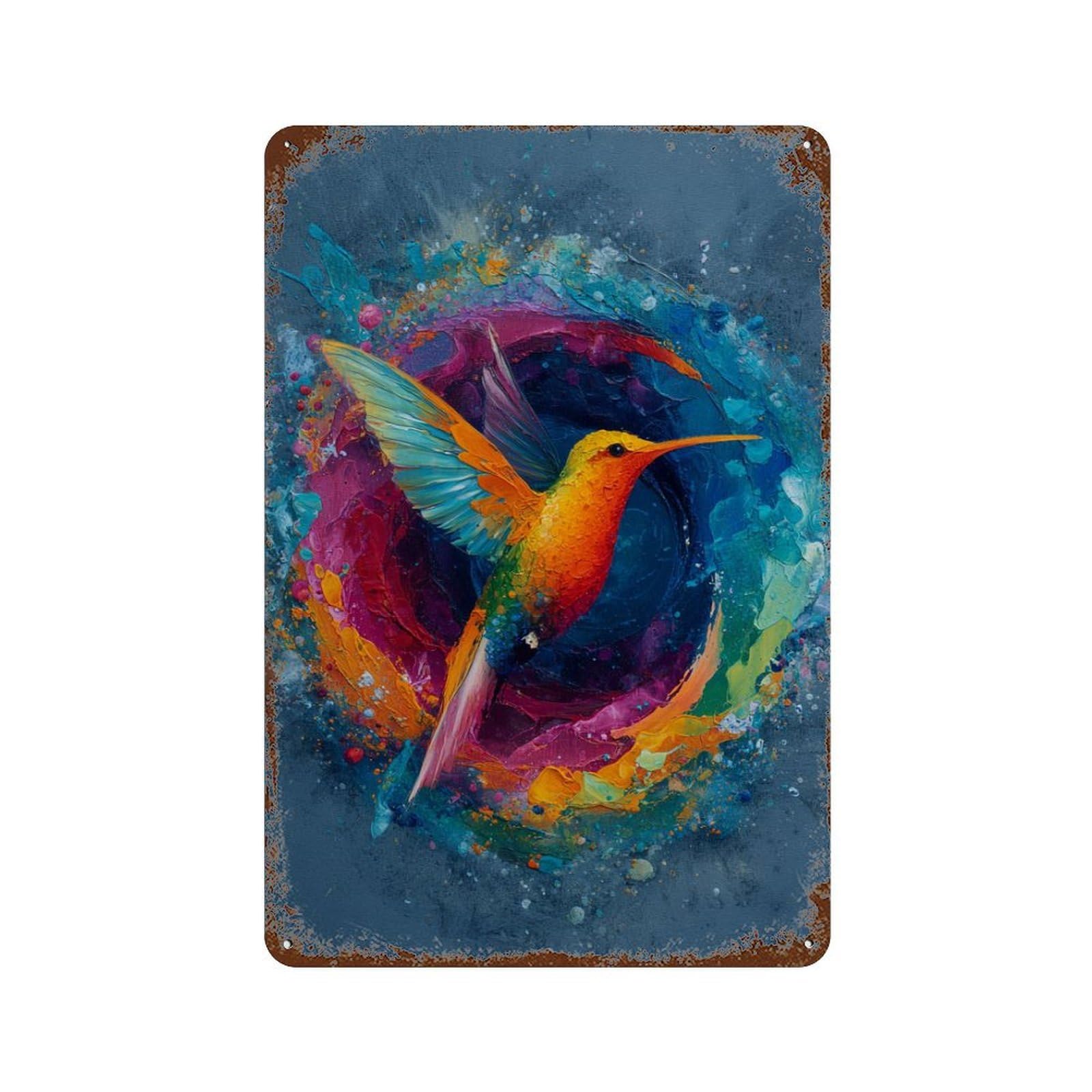 Rusty Metal Tin Sign with Colorful Hummingbird Painting Design 11.8"x7.9", for Farmhouse, Kitchen And Entryway Decor, Classic Wall Plaque