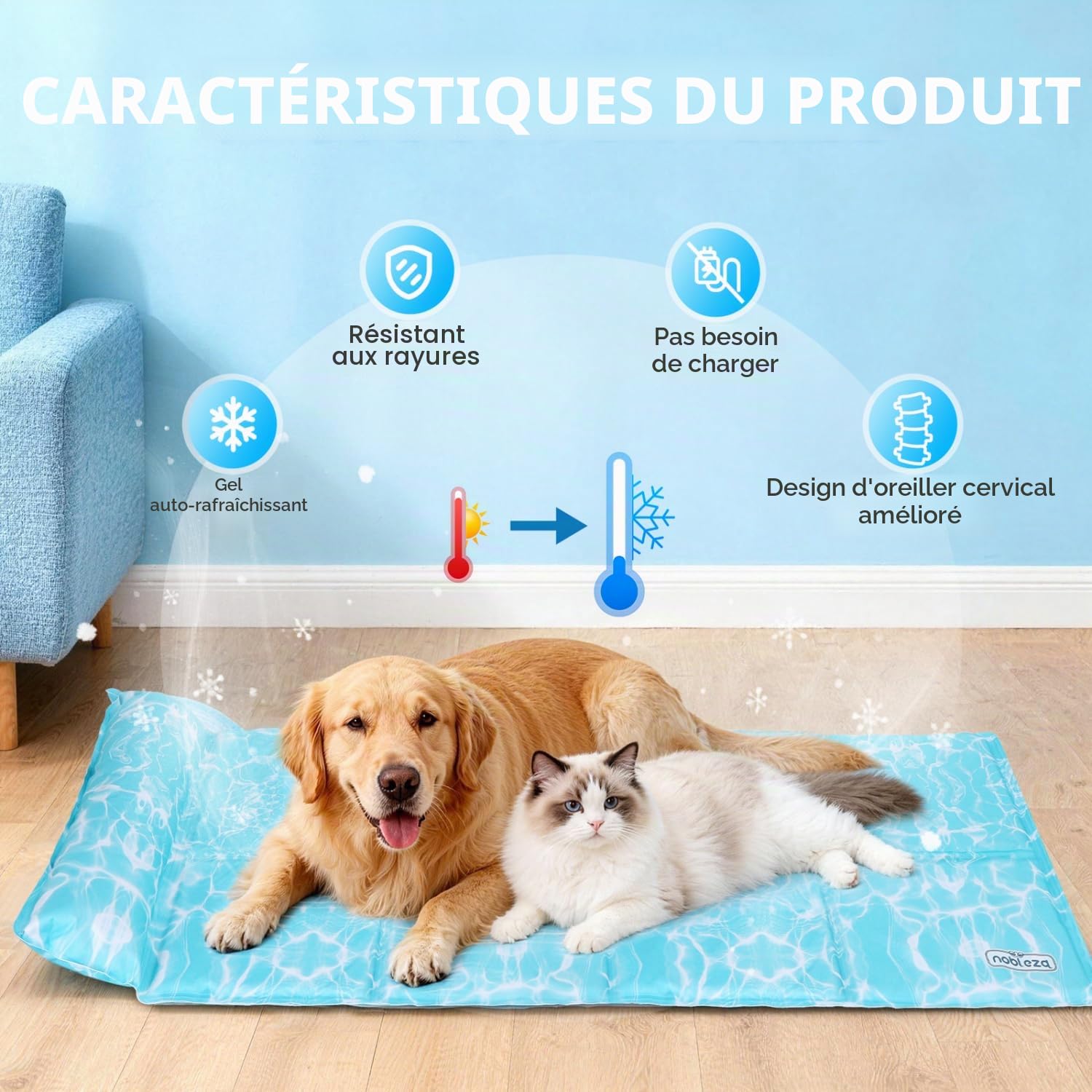 Nobleza Tapis Rafraichissant Chat et Chien, Design avec 6cm Oreiller Cervical Ajouté, Gel Non Toxique et Auto-Rafraîchissant, Tissu Oxford 300D Résistant Tapis Rafraichissant, 122x70cm