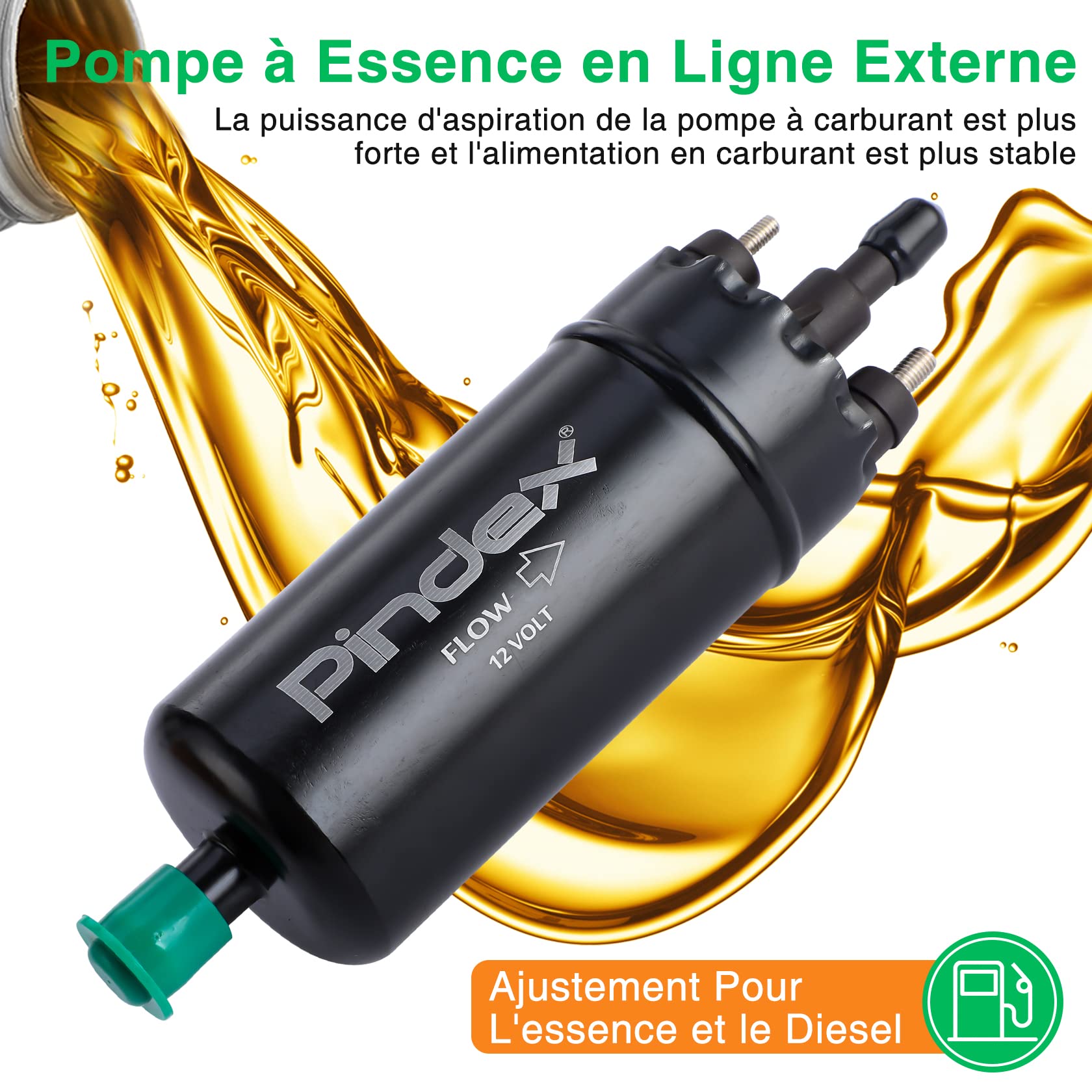 Pindex Pompe à Carburant Électrique: 125 PSI Pompe à Essence en Ligne Externe Haute Pression 12 V pour Essence, Diesel, Transfert d’essence Universelle Remplacement - Noir