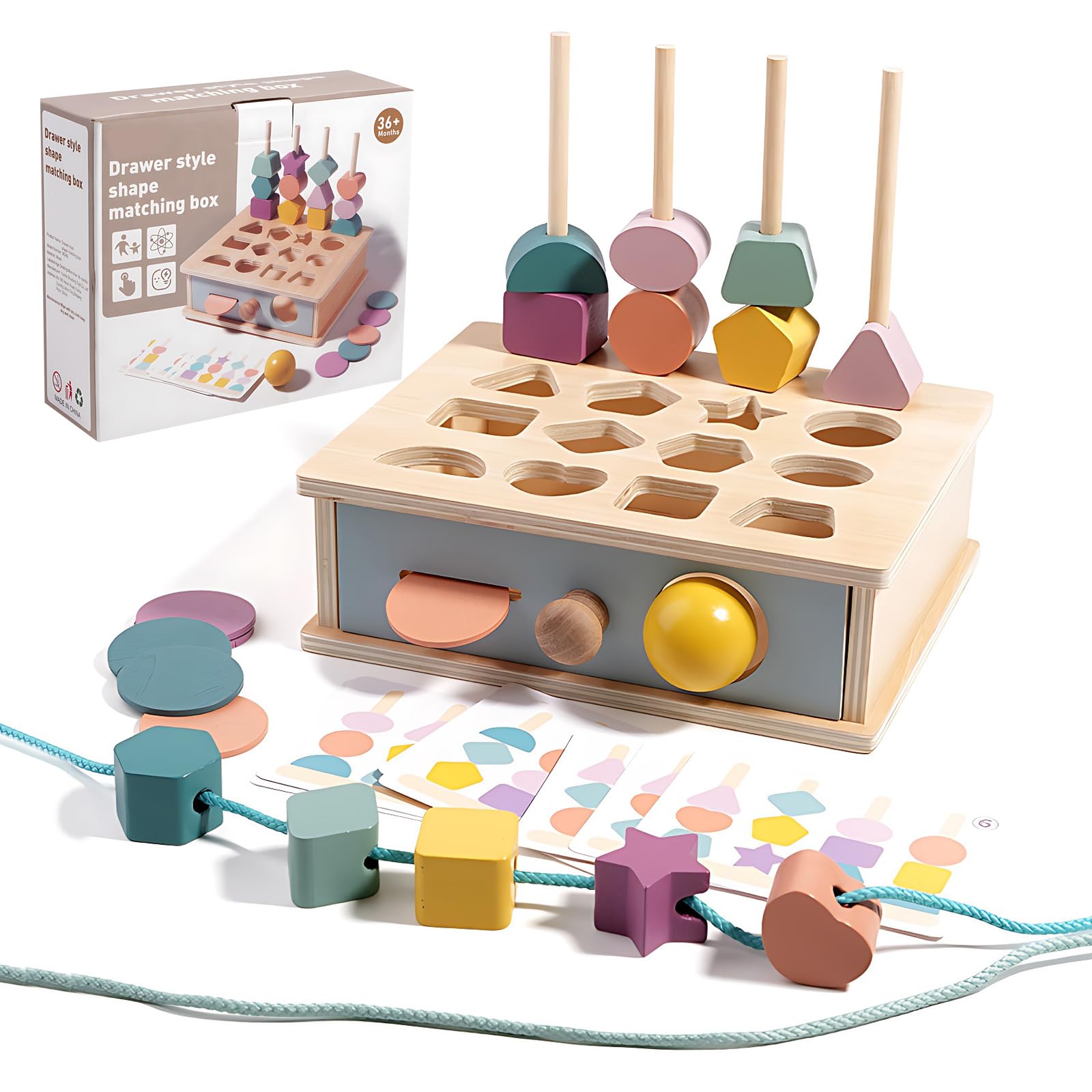 4 In 1 Shape Sorter Matching Toys, Lacing Beads Threading Toys, Wooden Montessori Ball Drop Toy, Preschool Learning Fine Motor Skills Game, L