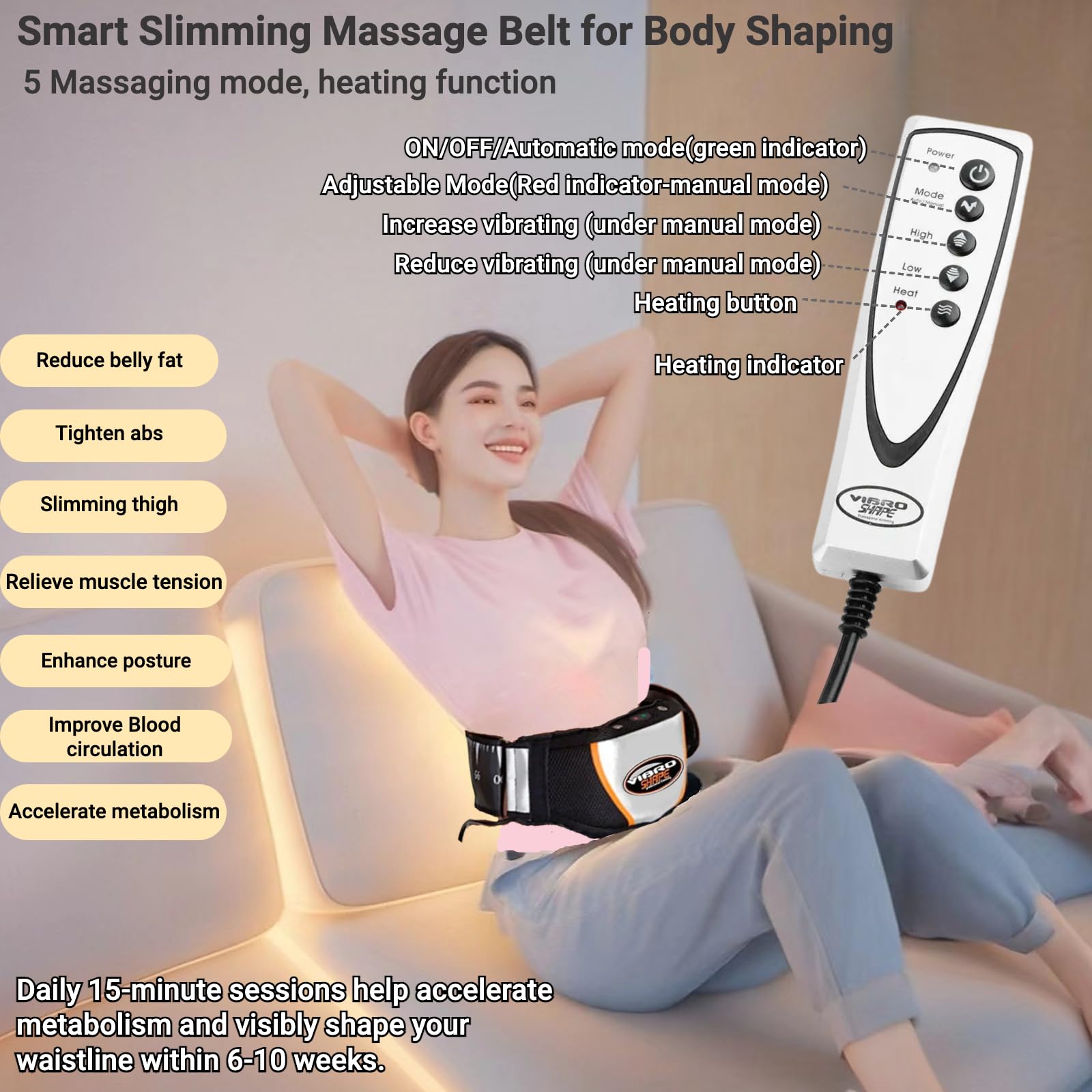 5-stufiger Schlankheits- und Massagegürtel – 120 cm verstellbarer Bauchmuskeltrainer mit Wärmefunktion, Bauchmuskeltrainer zur Fettverbrennung, Fitnessgerät für Zuhause und Büro für Damen und Herren