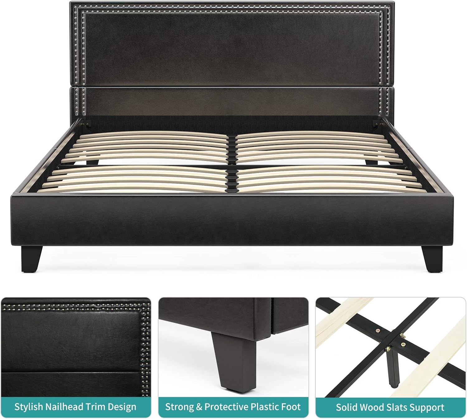 mecor Black Queen Size Bed Frame - Faux Leather Upholstered Panel Bonded Platform Bed with Wood Slats Support - Nailhead Trim Headboard Design - No Box Spring Needed（Black, Queen）