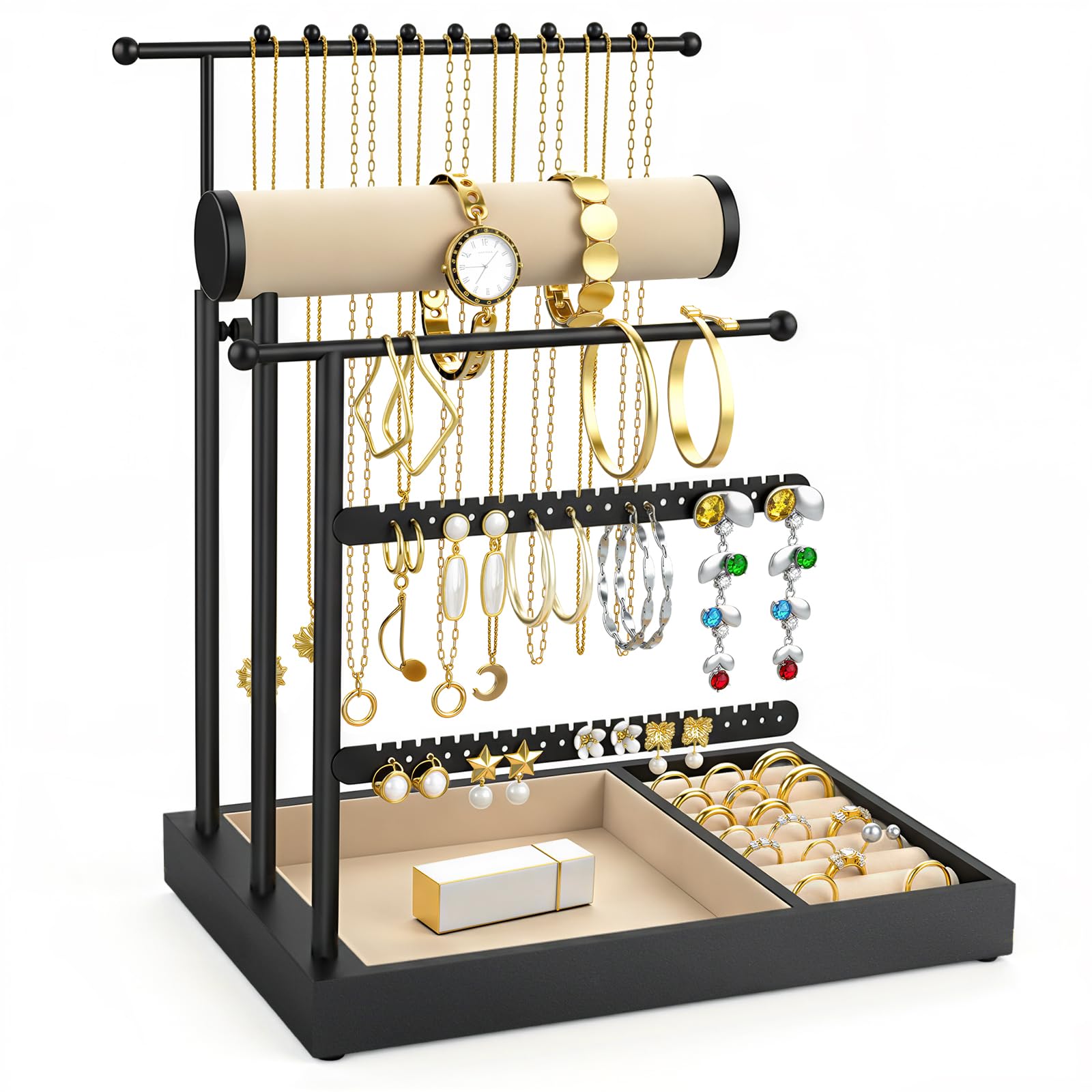 Emibele Necklace Holder, Jewelry Organizer Stand with Velvet Tray, Jewelry Organizer Tower for Earrings, Bracelets and Necklaces, Elegant Necklace Tower Accessory Storage Gifts for Women, Black