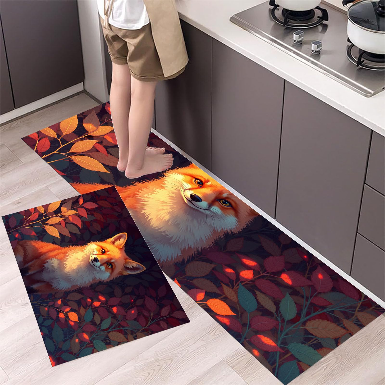 Alfombras de cocina lavables de 2 piezas con diseño de zorro y hojas, 43x75 y 43x150cm