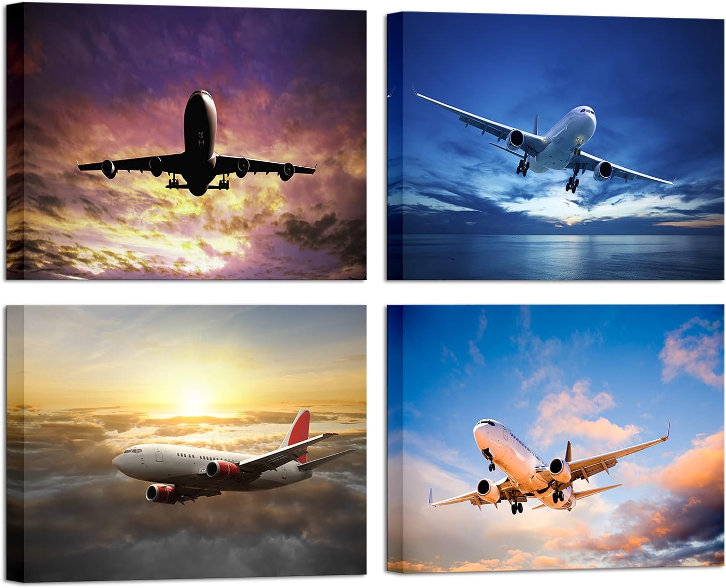 Artsbay Airplane Wall Art Blue Sky Paintings Pictures Plane Flying,Canvas Print Colorful Home Decor for Bedroom Living Room Office Decoration 16" W x 12" H x 4PCS